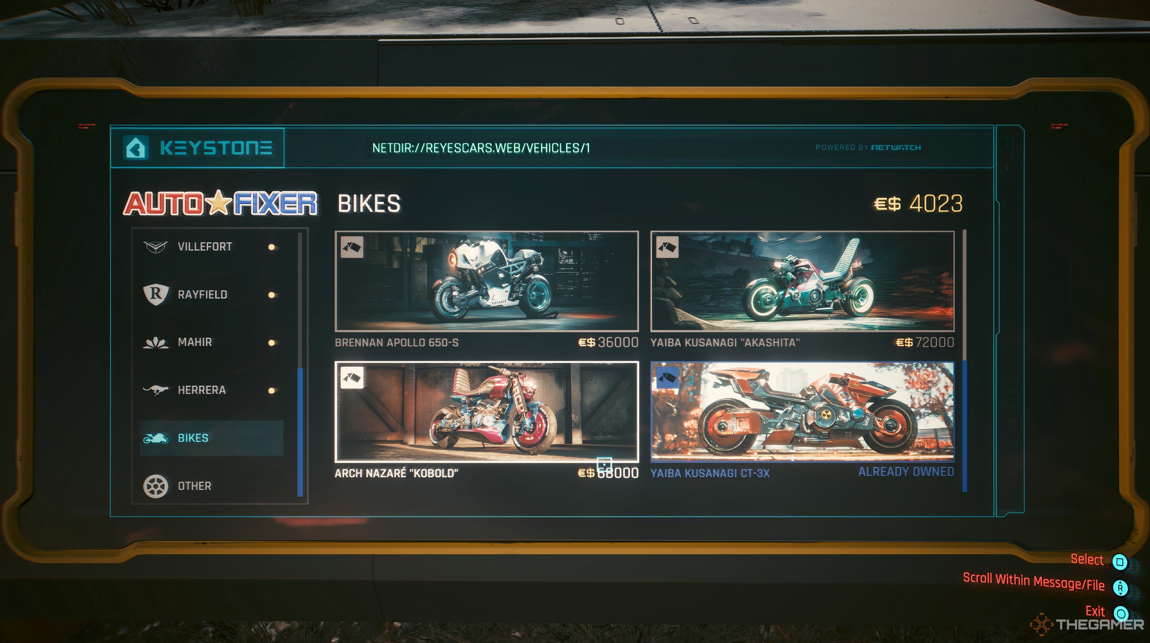 At the Autofixer in Cyberpunk 2077 with the Yaiba CT-3X selected. 