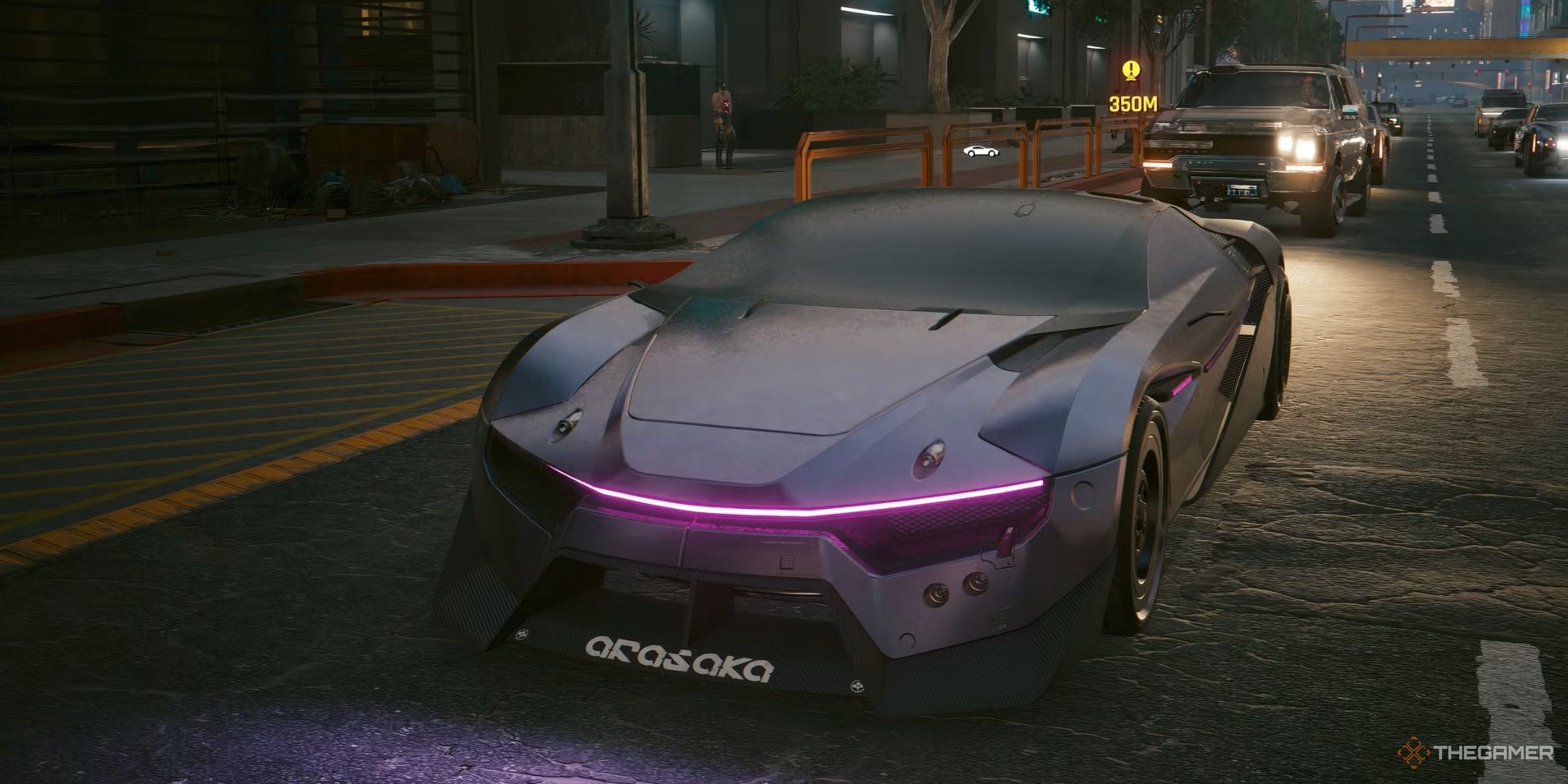 A sleek car in Cyberpunk 2077, driving along the Night City street.