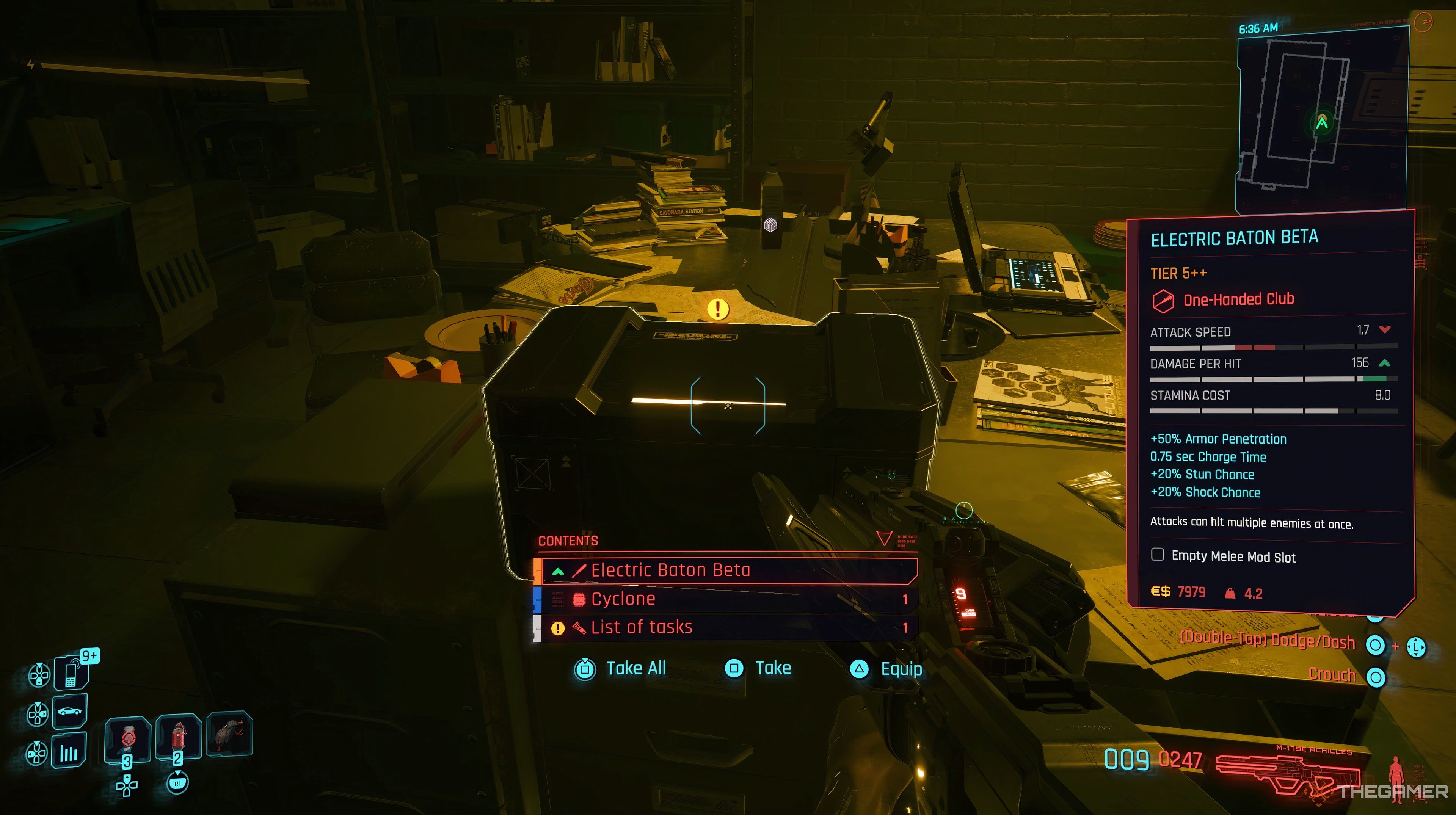 Player interacting with case on the desk in Cyberpunk 2077. The rewards are listed on the bottom.