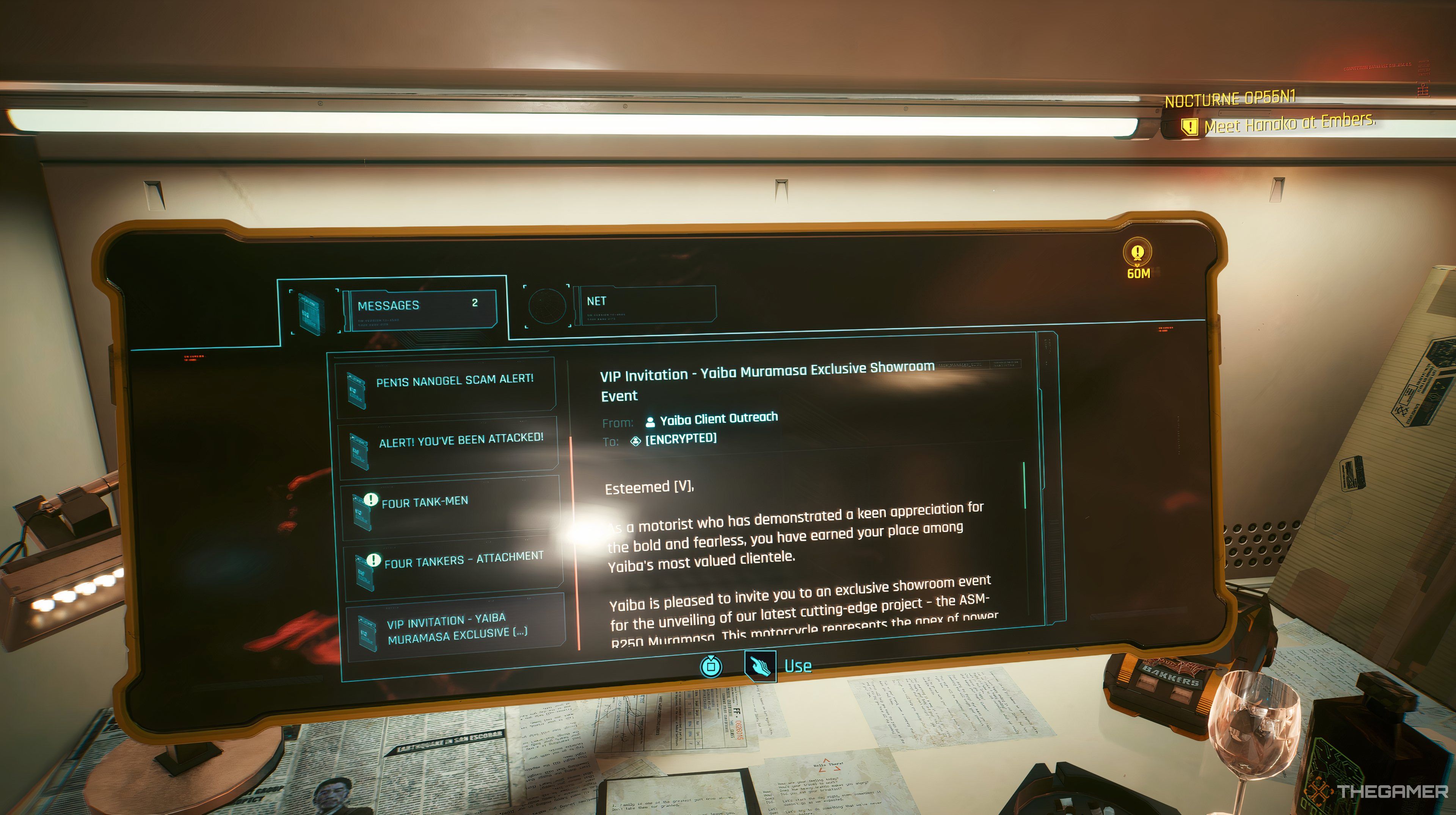 Player at their apatment in Cyberpunk 2077 looking at the message for the showroom. 