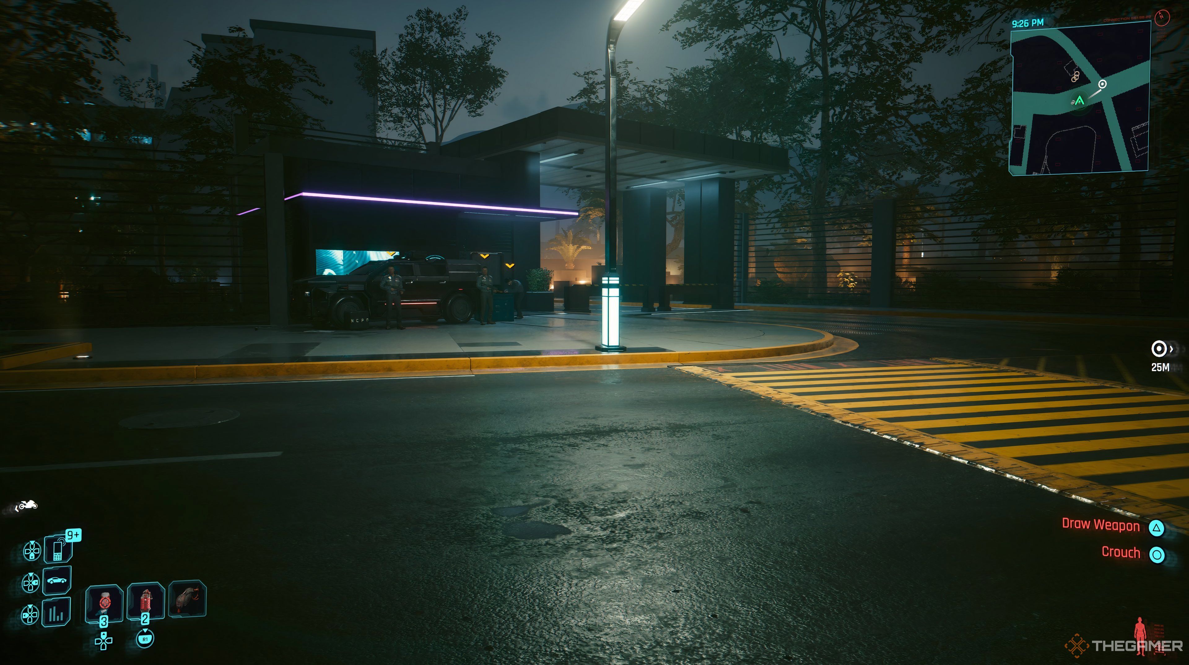 Player at the gate near the Reported Crime in Cyberpunk 2077. There a three police officers to the left of the entrance.