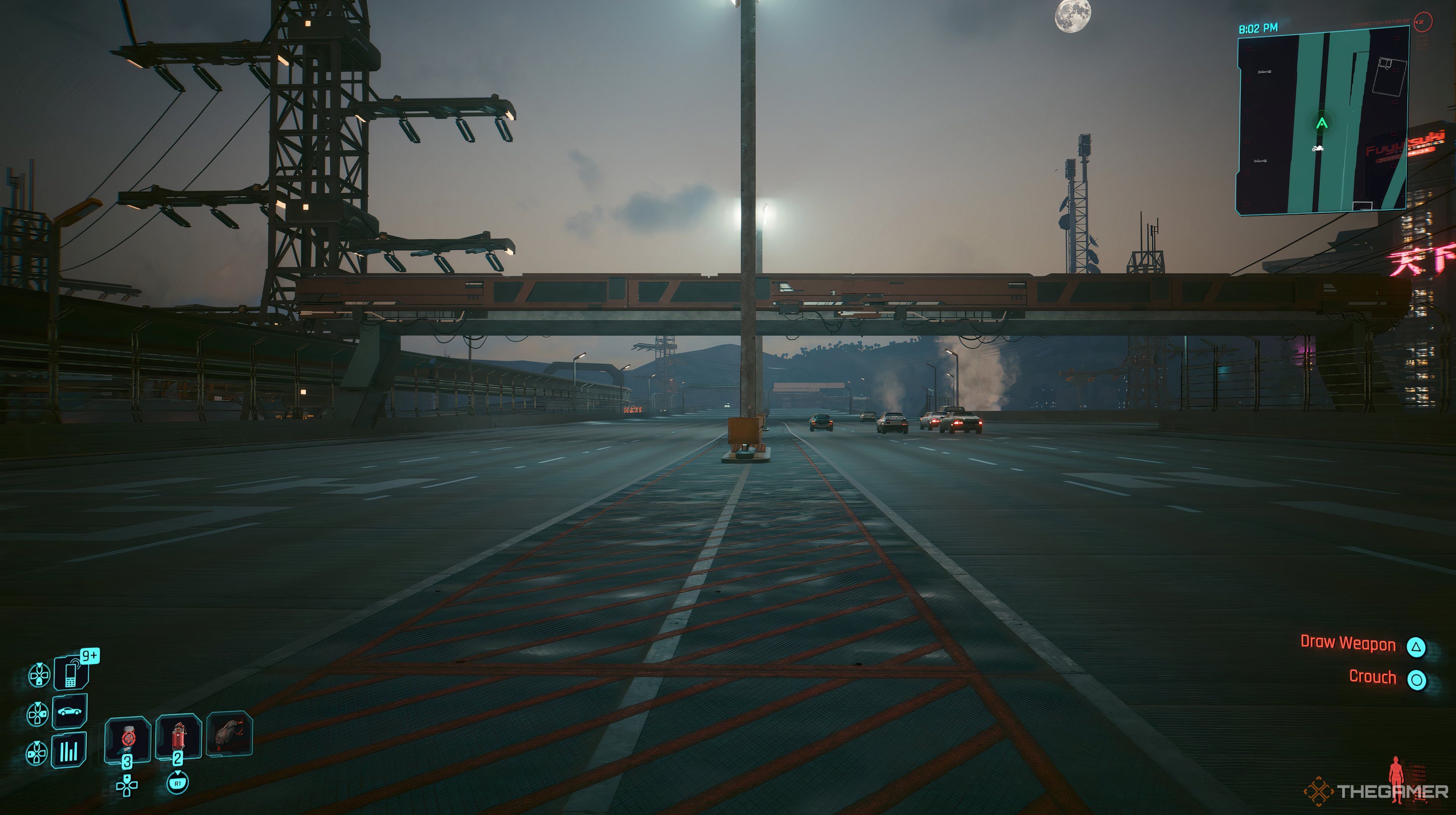Player on a highway standing in the middle in Cyberpunk 2077. Cars are driving away from the player on the right. 