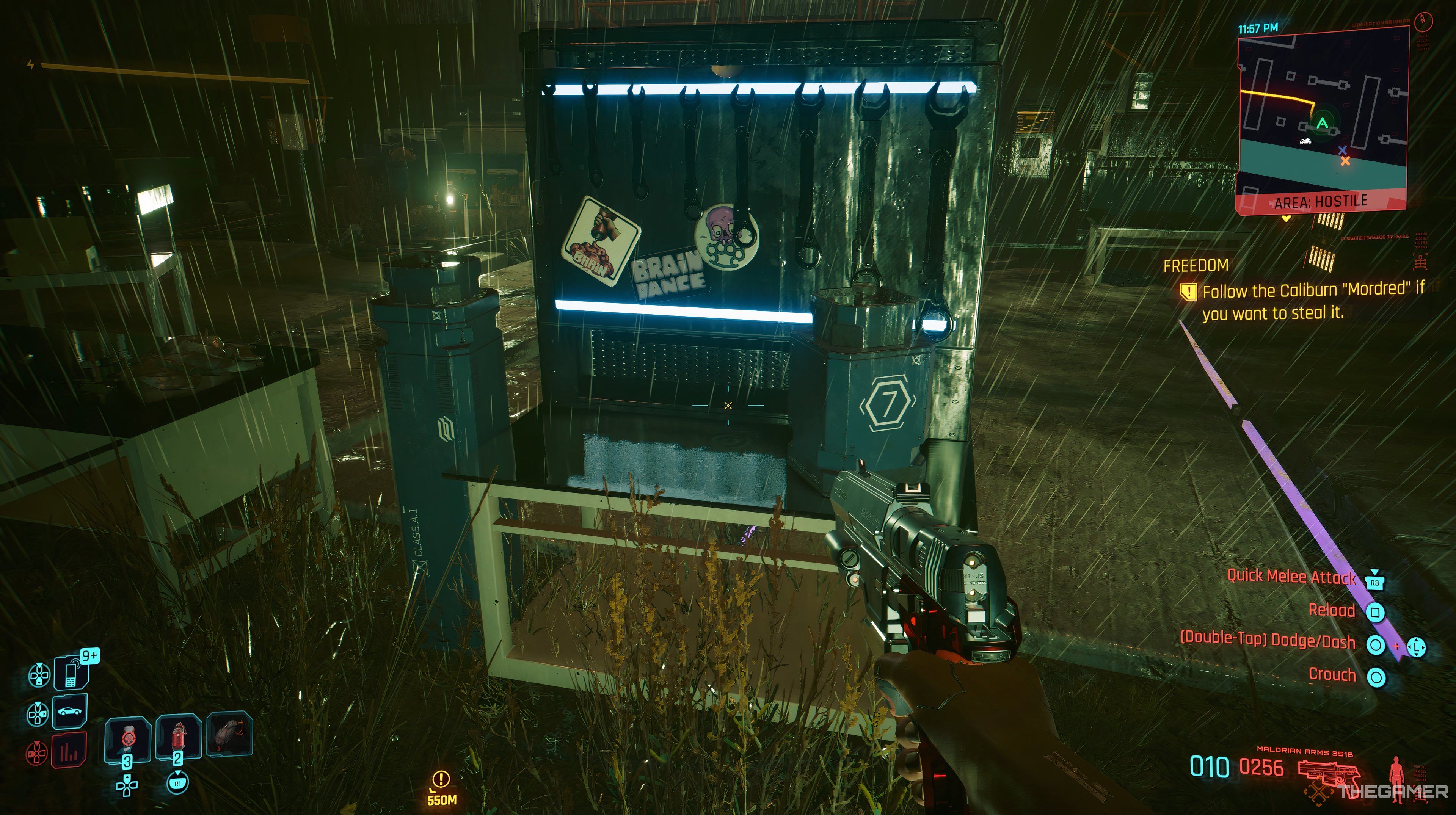 Player with a gun out looking at where the key for the Mordred was in Cyberpunk 2077. There is heavy rain all around the area.