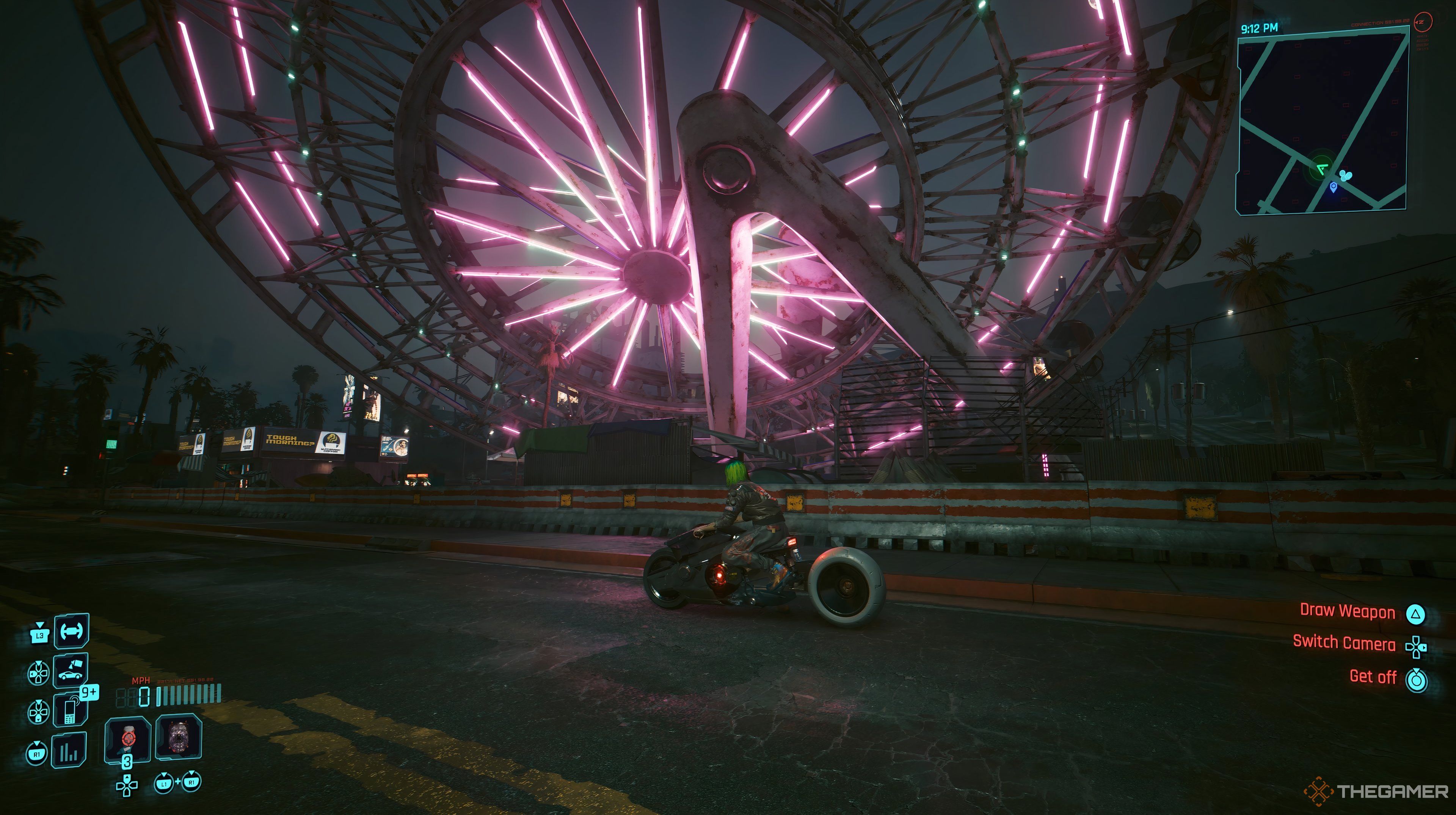 Player riding their Muramasa with a pink colored ferris wheel in the background in Cyberpunk 2077.