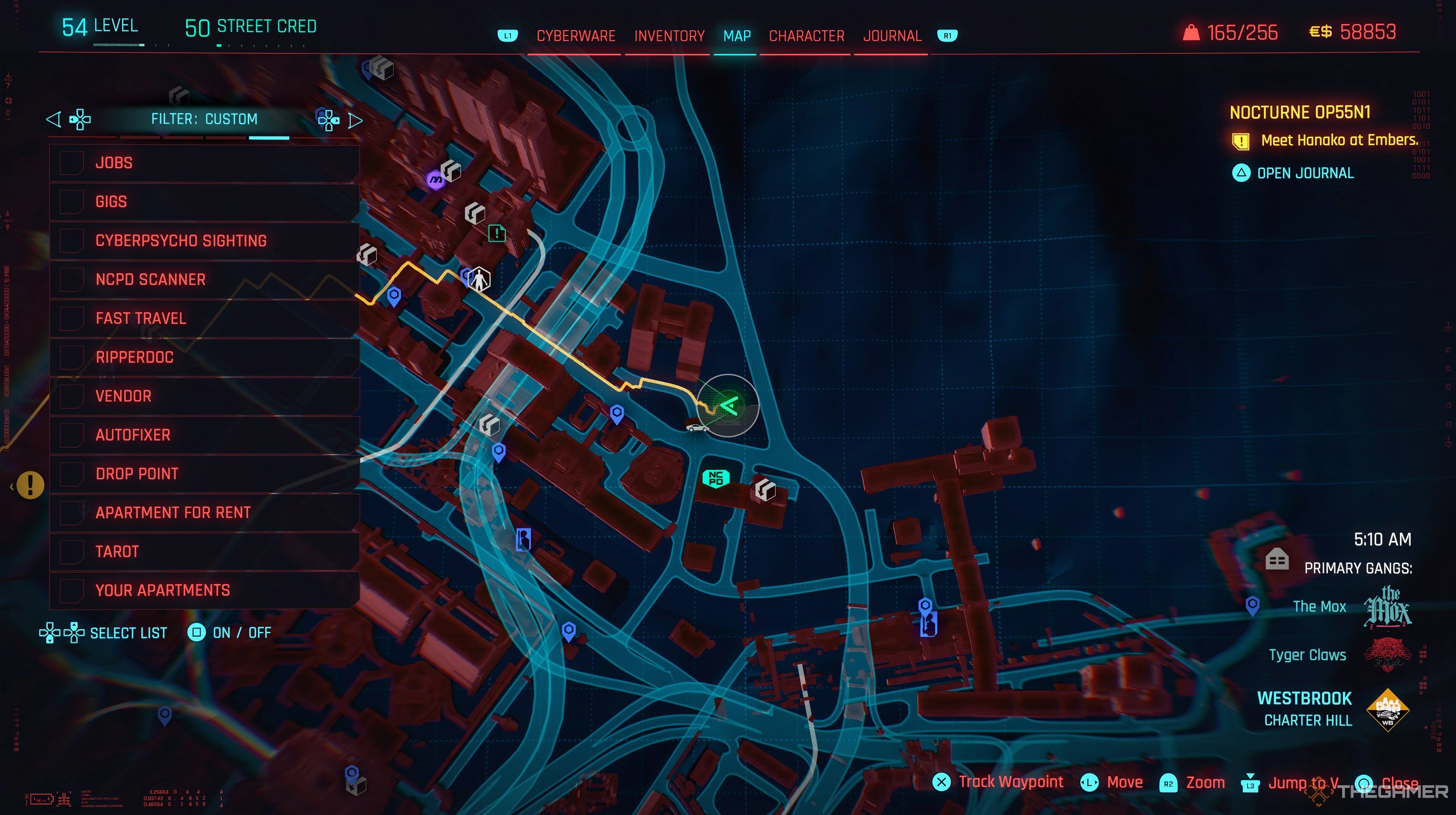 Location of the Reported Crime mission highlighted on the map of Cyberpunk 2077.