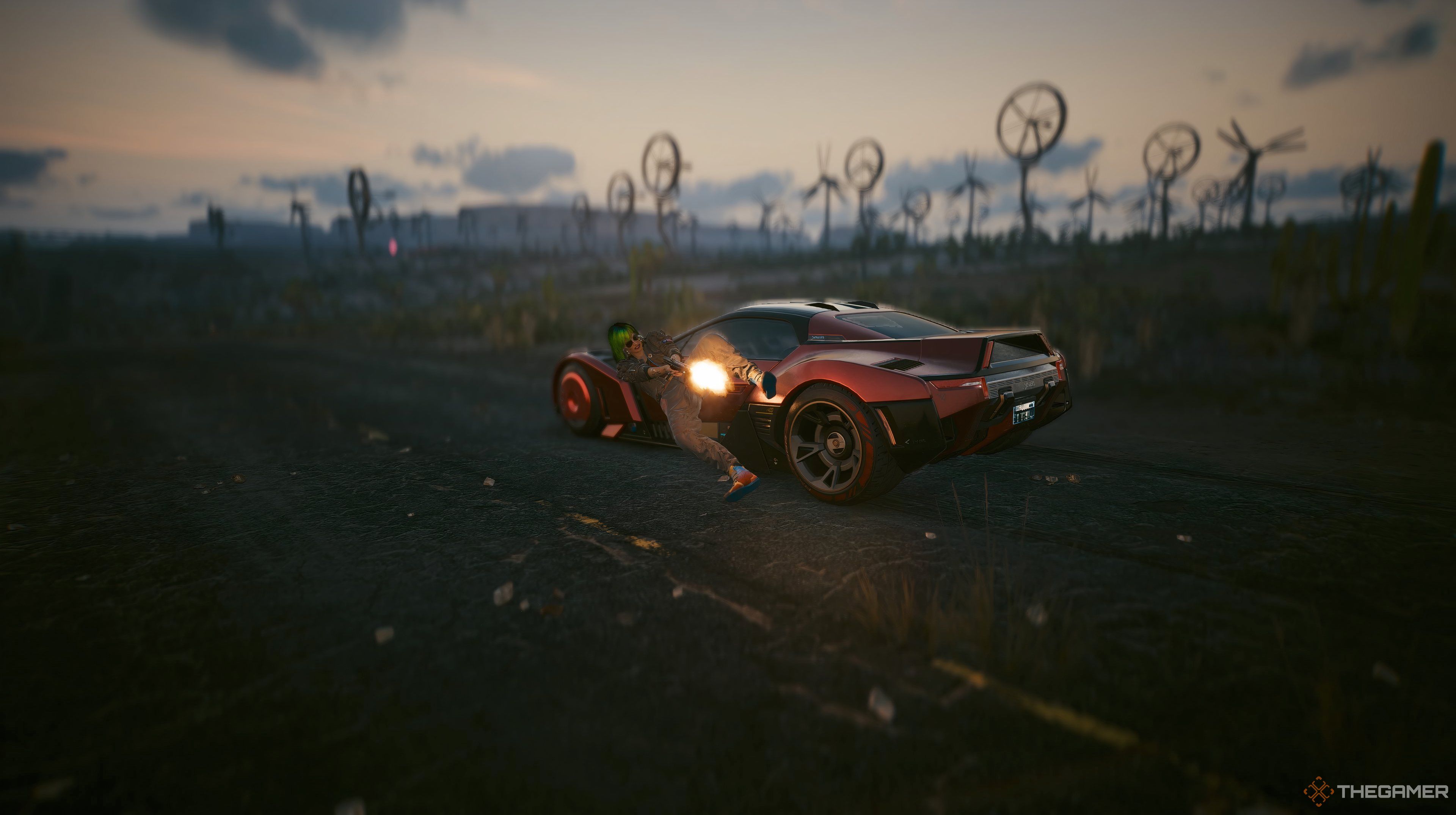 Player jumping infront of their Semimaru jumping and shooting away in Cyberpunk 2077.