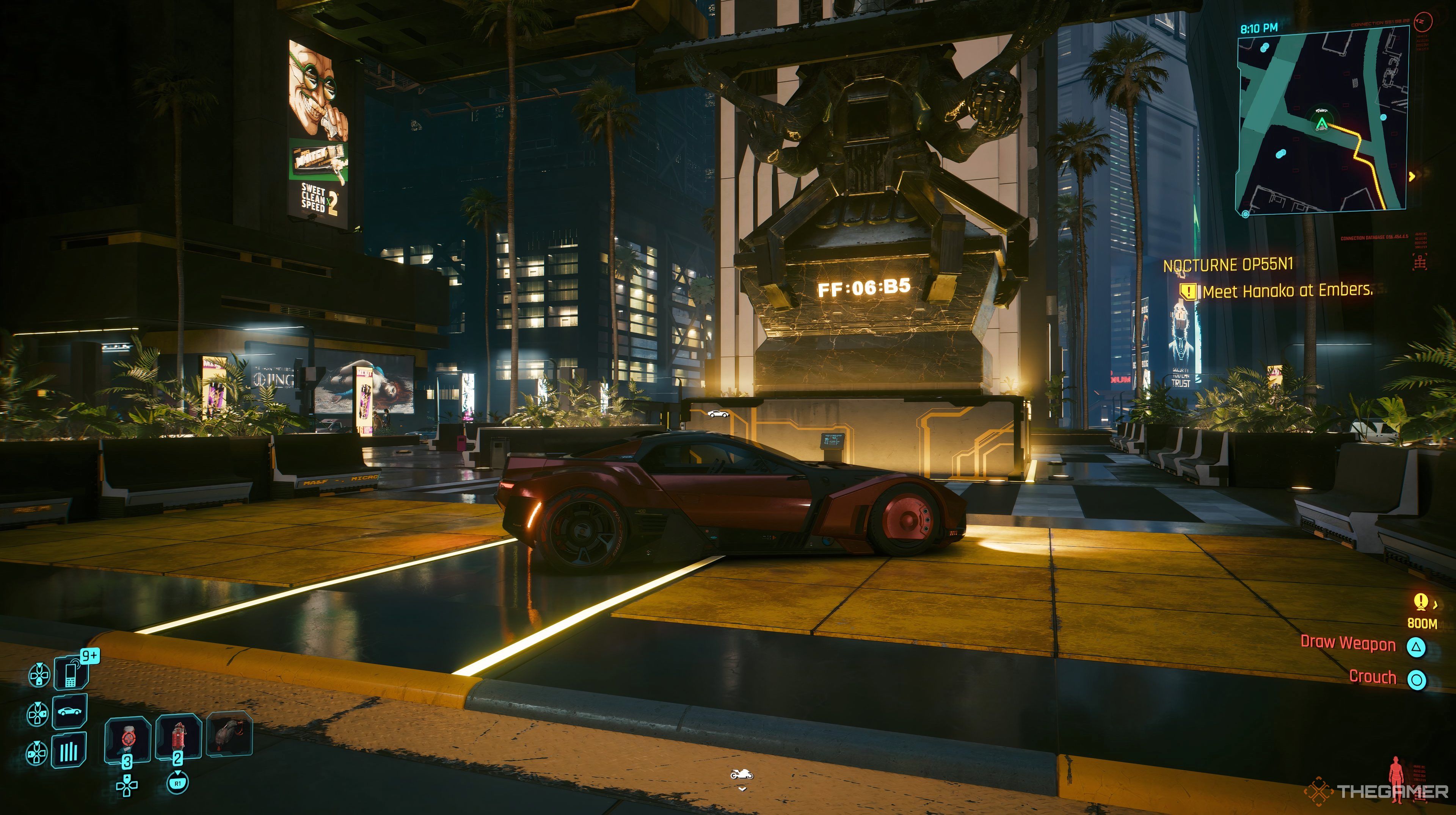 Player looking at a red Semimaru in Cyberpunk 2077. There is a statue behind the car with numbers on it. 
