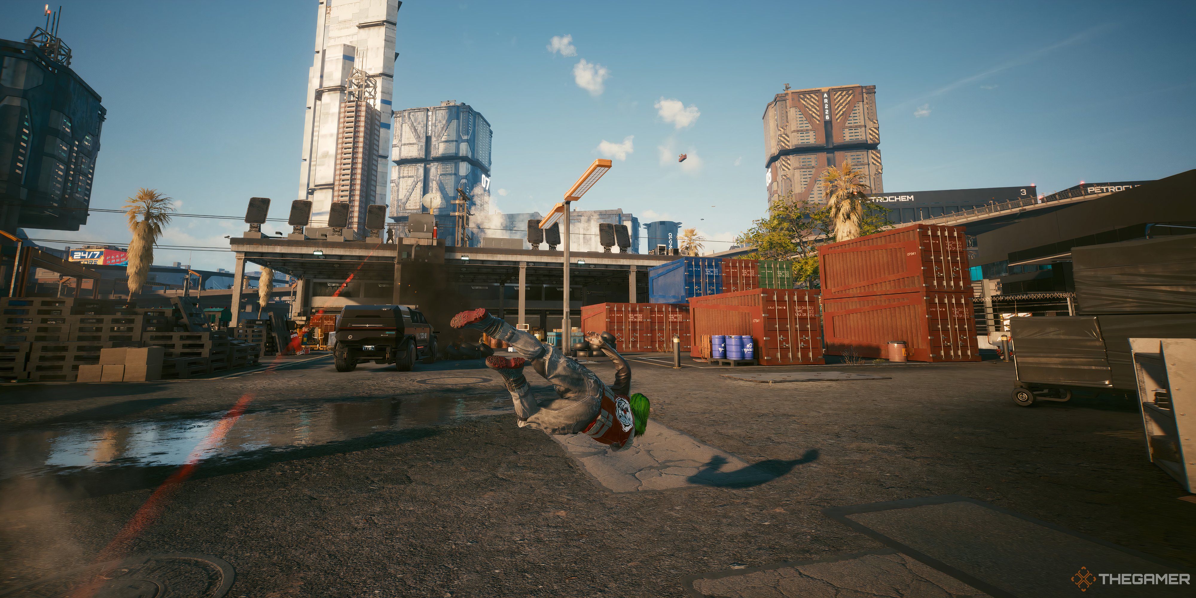 Player dodging a sniper attack outside Zeitgeist's Den in Cyberpunk 2077.