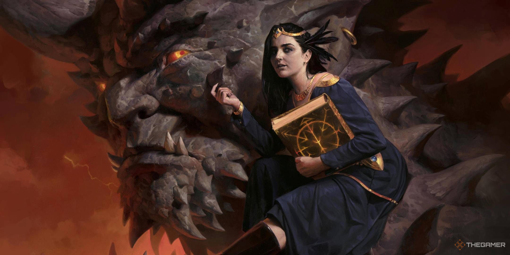 A woman in a dark dress with a large book under her arm sits upon a demon's shoulder.