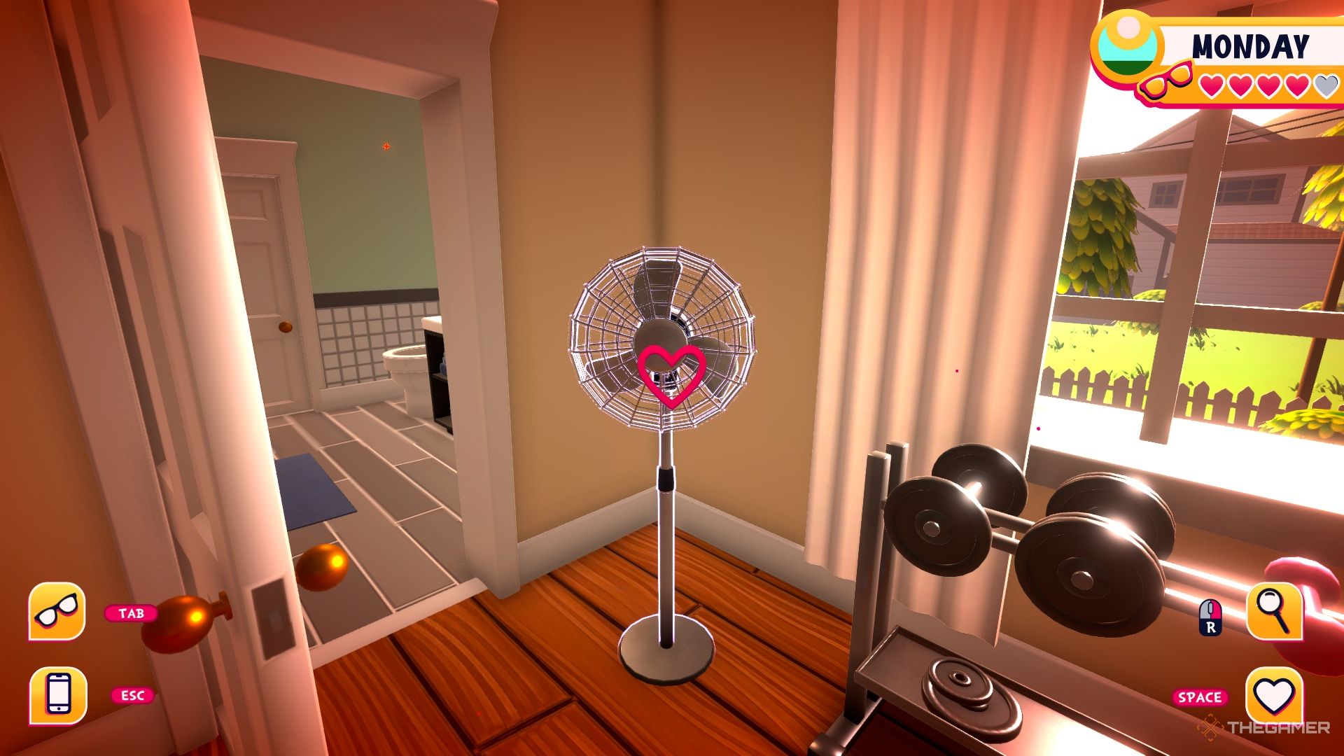 Shooting hearts at a rotary fan by the window and the bathroom.