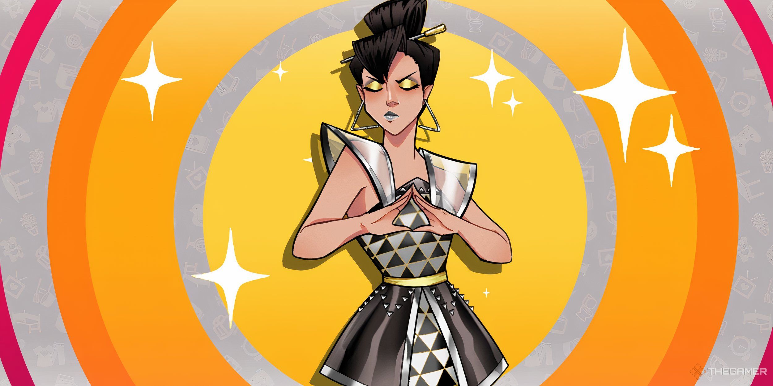 Tina Triangle on an orange and silver circle background.