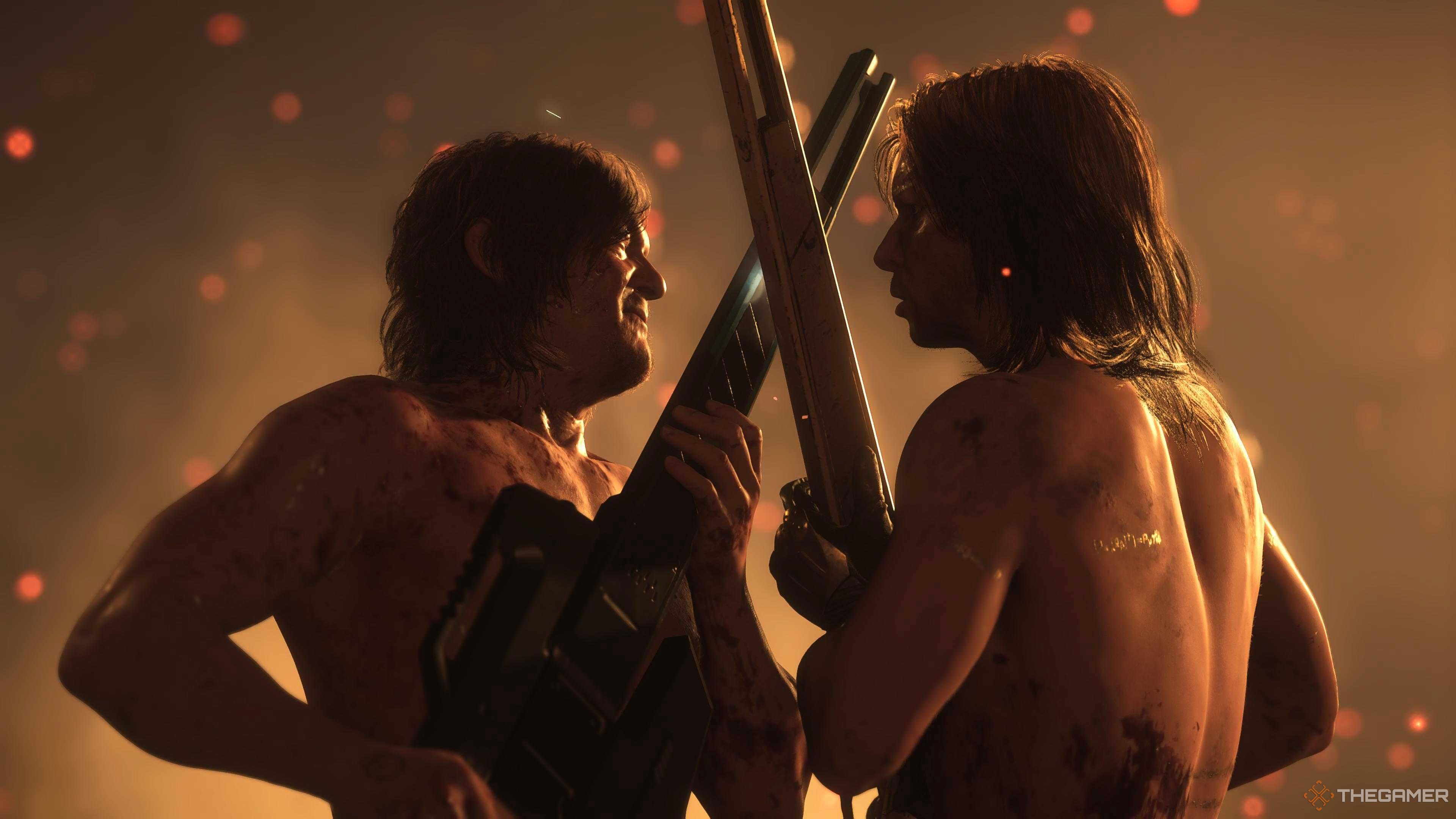 Death Stranding 2 sam and higgs with crossed guitars.