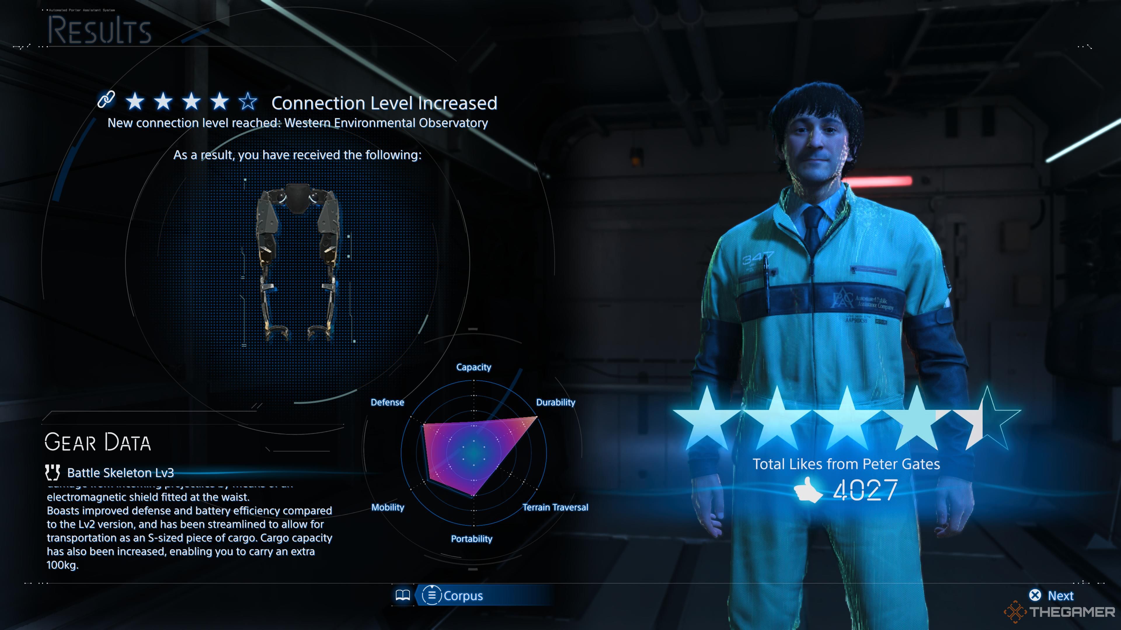 A reward screen, showing the Battle Skeleton Lv3 after getting four stars with Peter Gates in Death Stranding 2.
