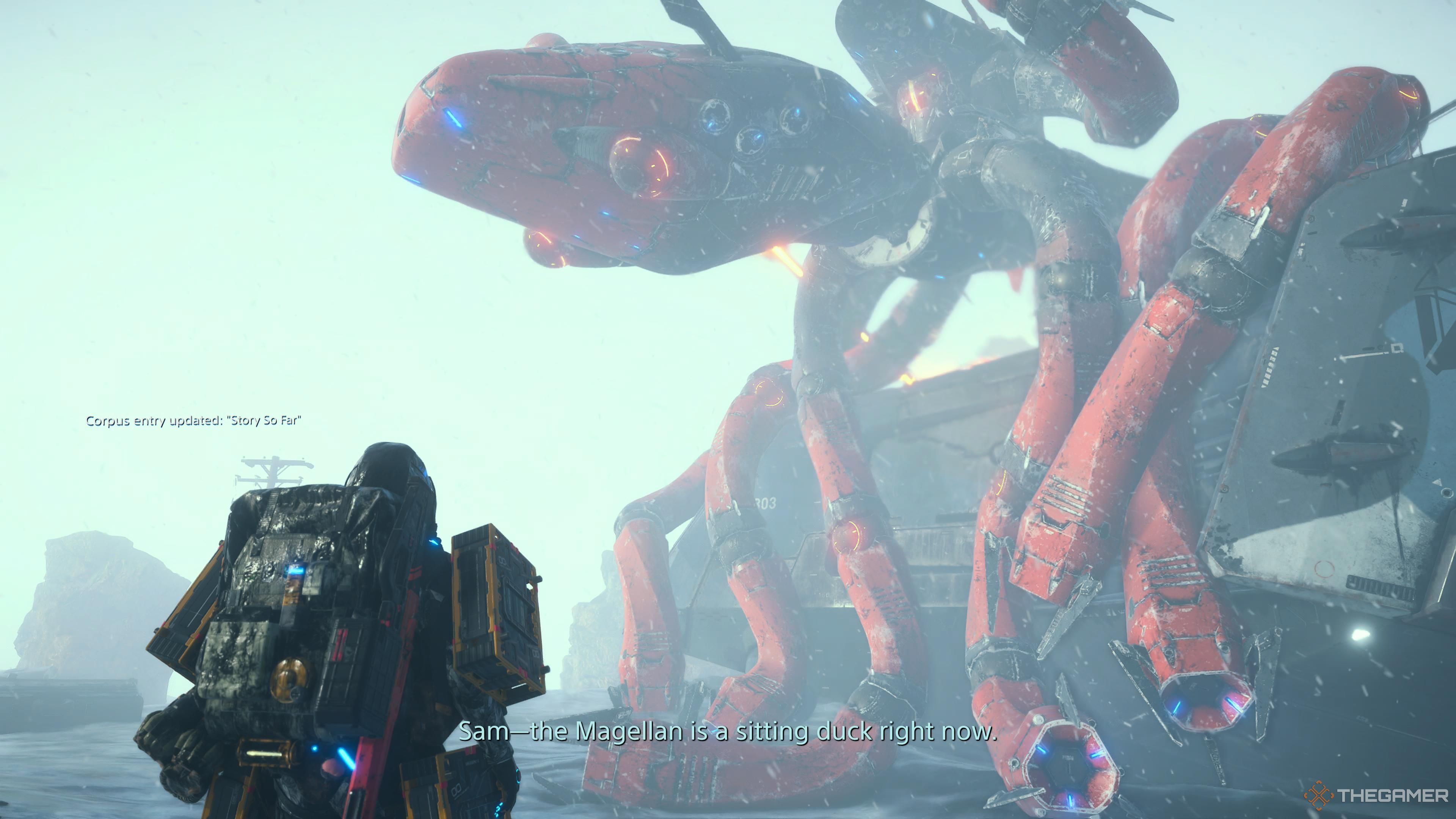 Sam looking at a giant octopus robot attacking the Magellan in Death Stranding 2.
