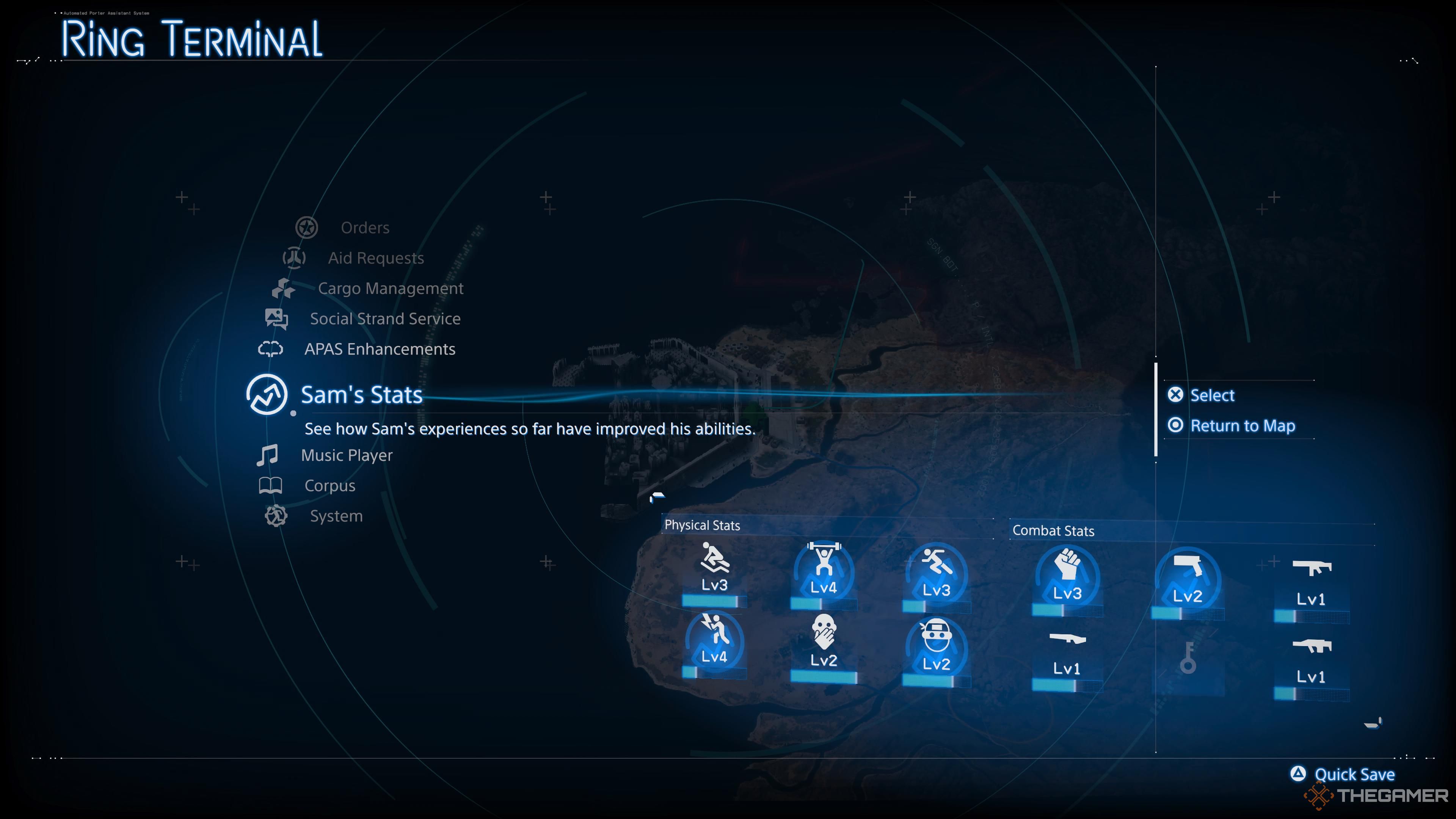 A quick overview of Sam's stats in death stranding 2 on the beach.