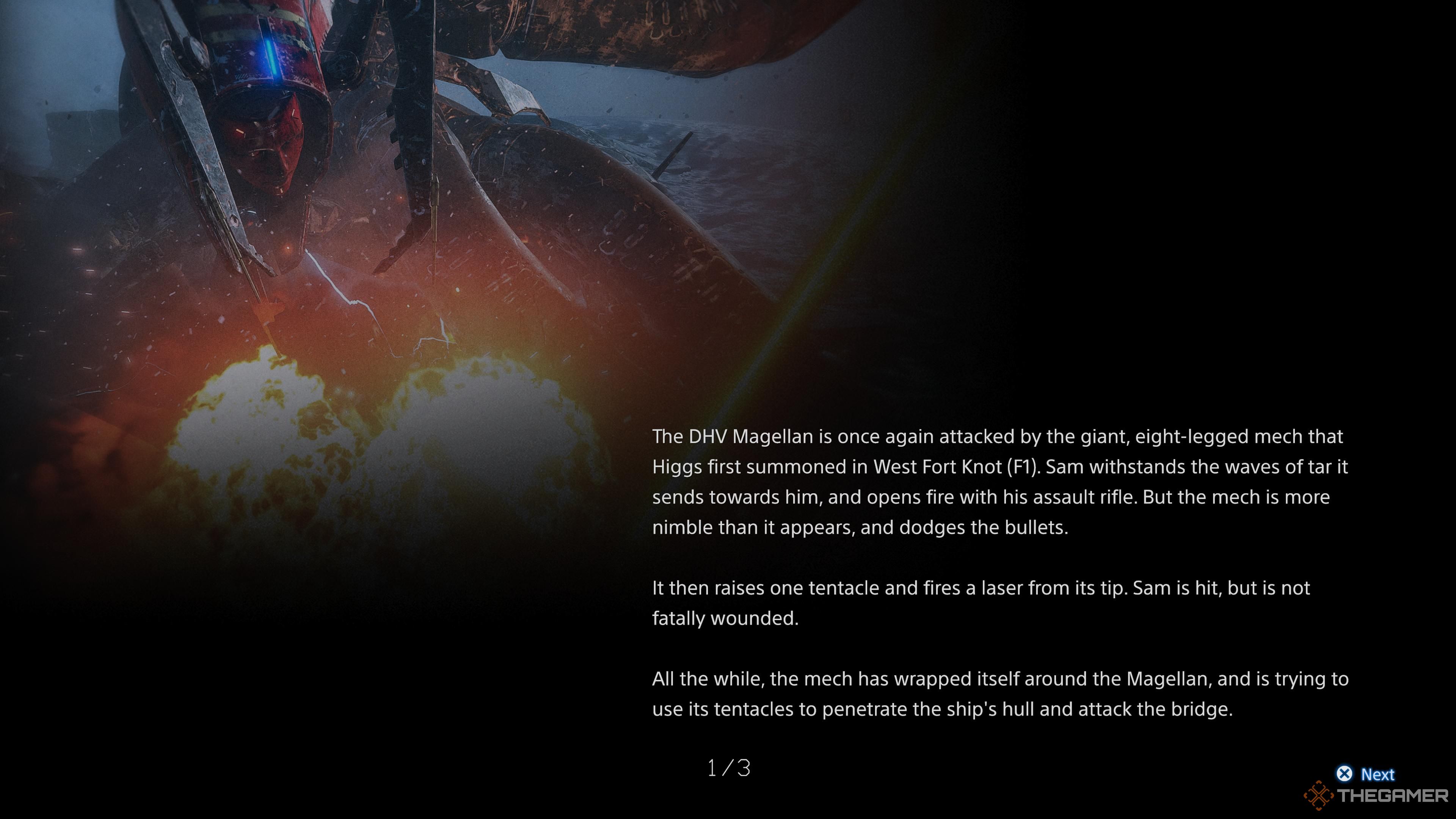 A slide explaining what happened during the Giant Mech boss fight in Death Stranding 2.
