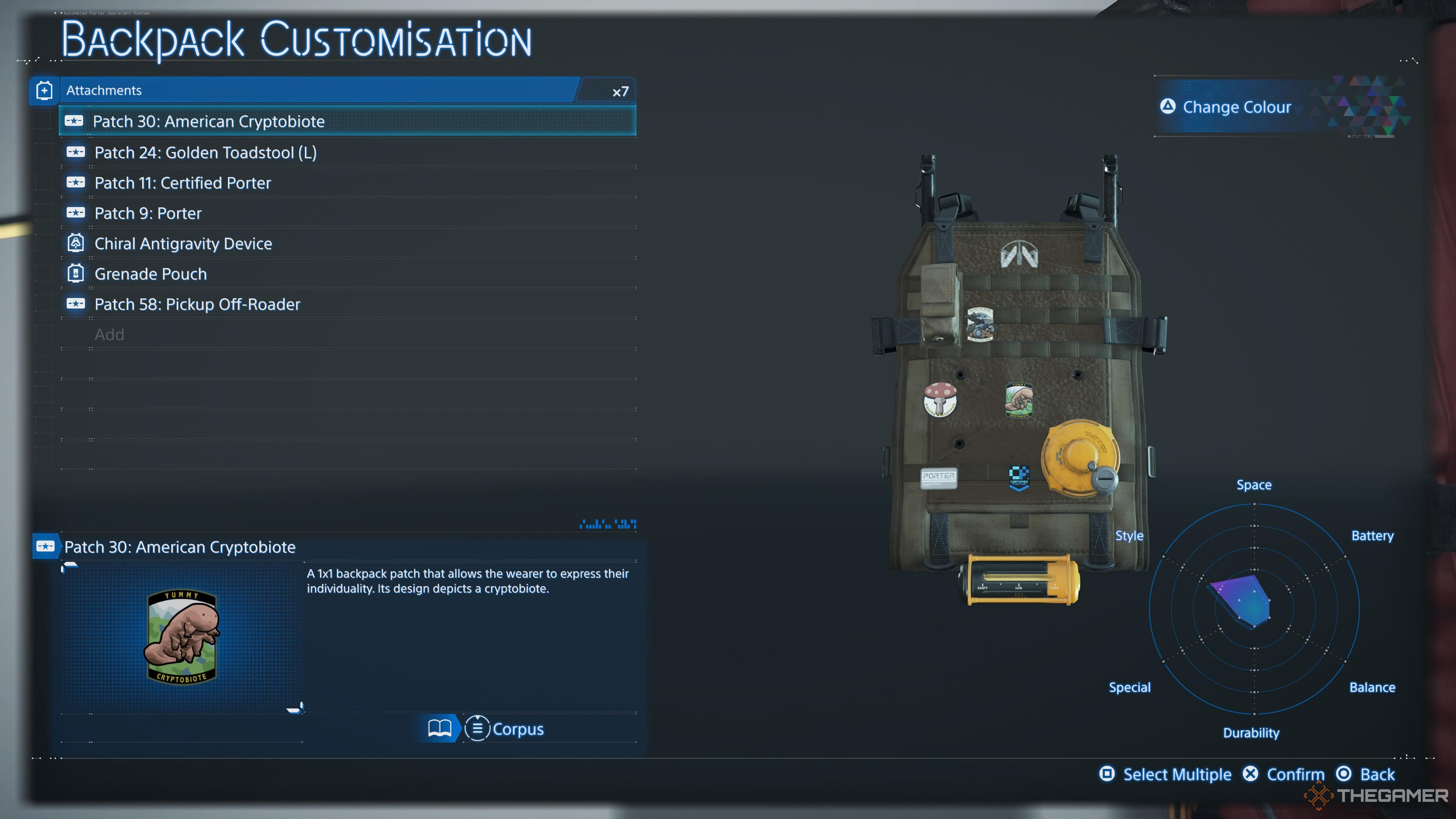 The items equipped to the backpack in death stranding 2 on the beach.
