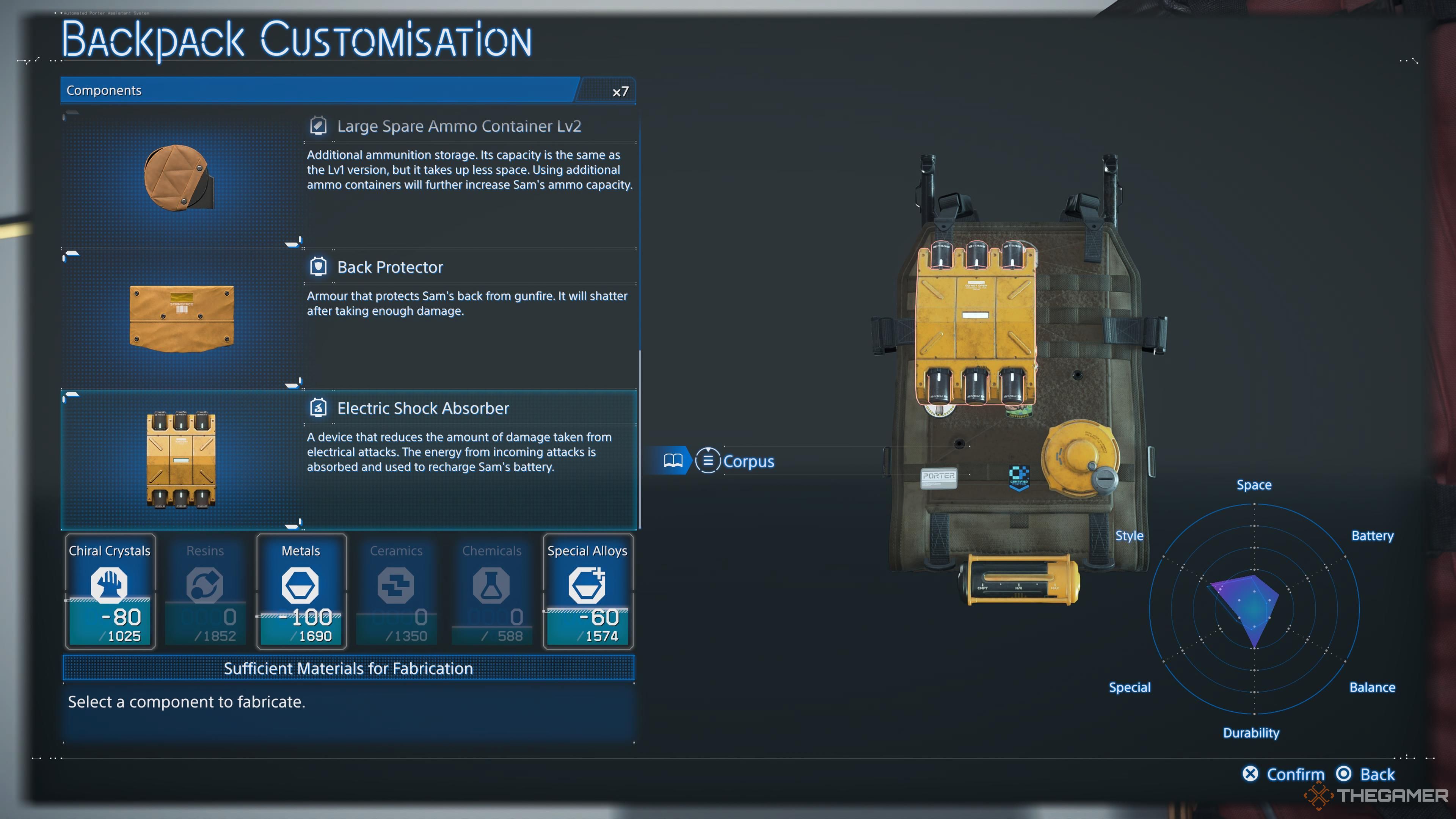 A list of components to be installed on the backpack in death stranding 2 on the beach.