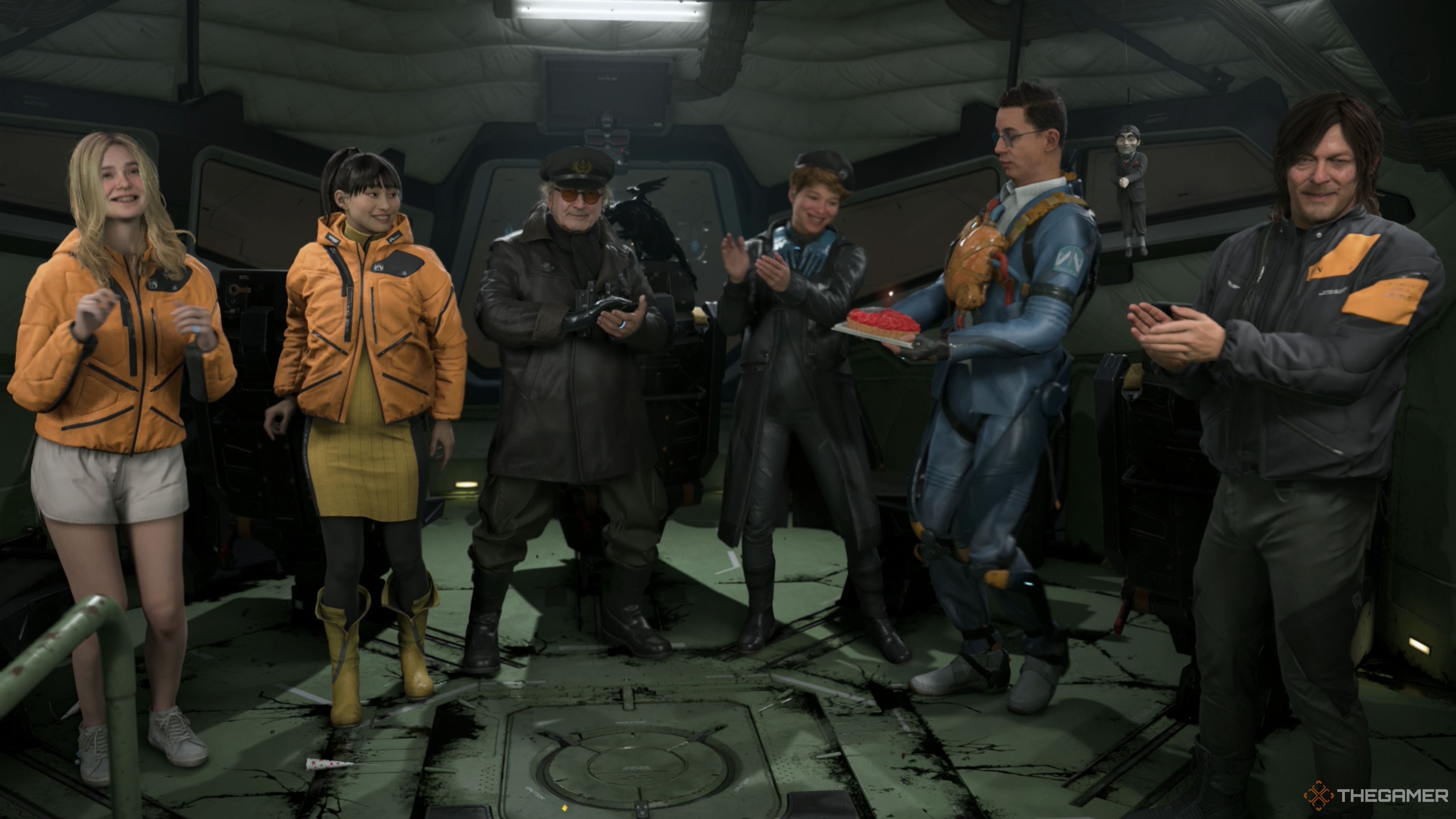 Tomorrow, Rainy, Tarman, Fragile, Heartman, and Sam in the Happy Birthday scene in Death Stranding 2.
