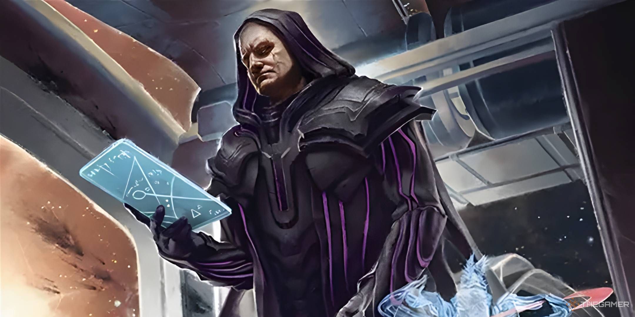A dark-robed Monoist reads a glowing slate.