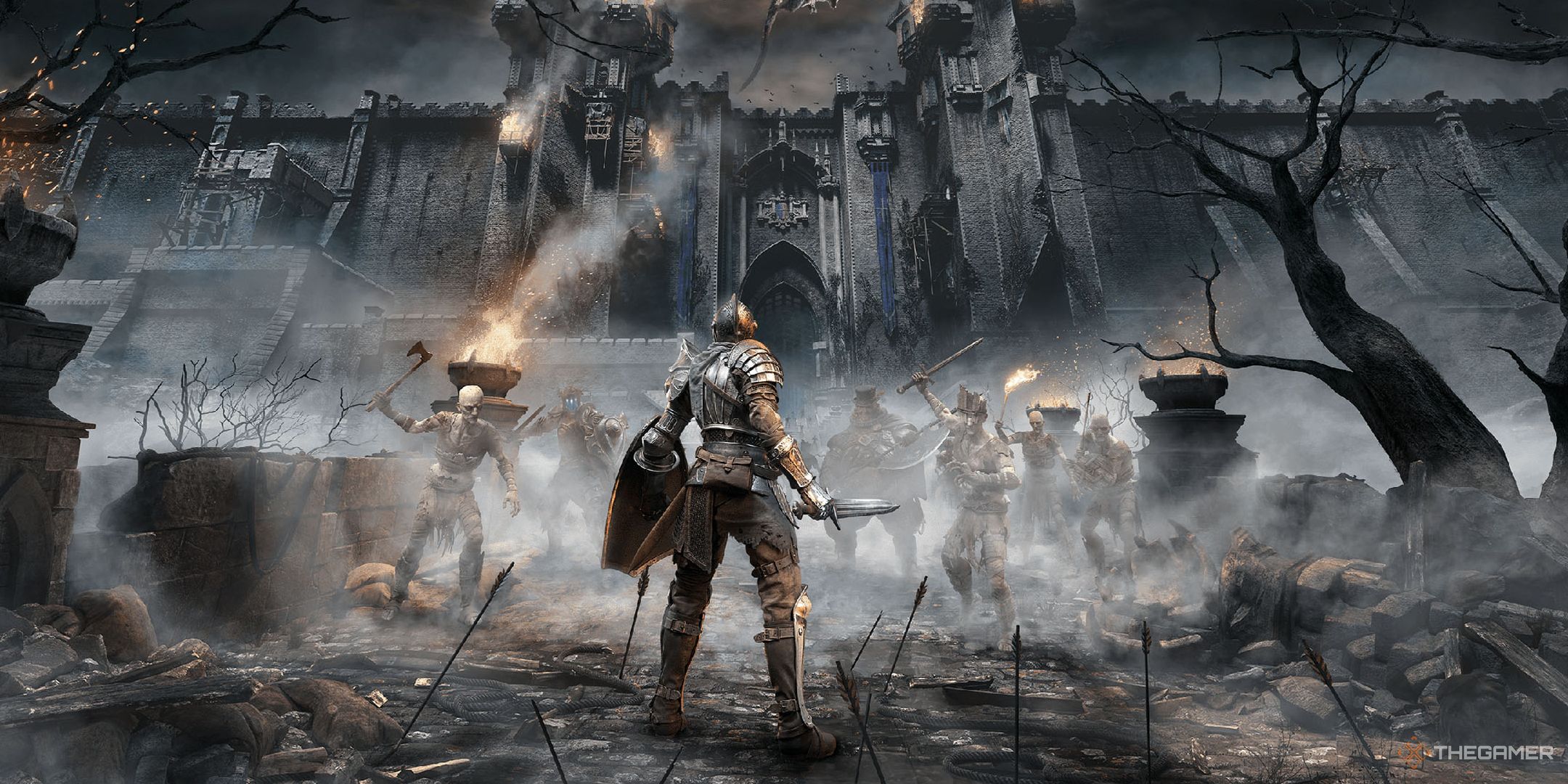 Demon's Souls key art showing a nameless night facing a castle guarded by undead soldiers.