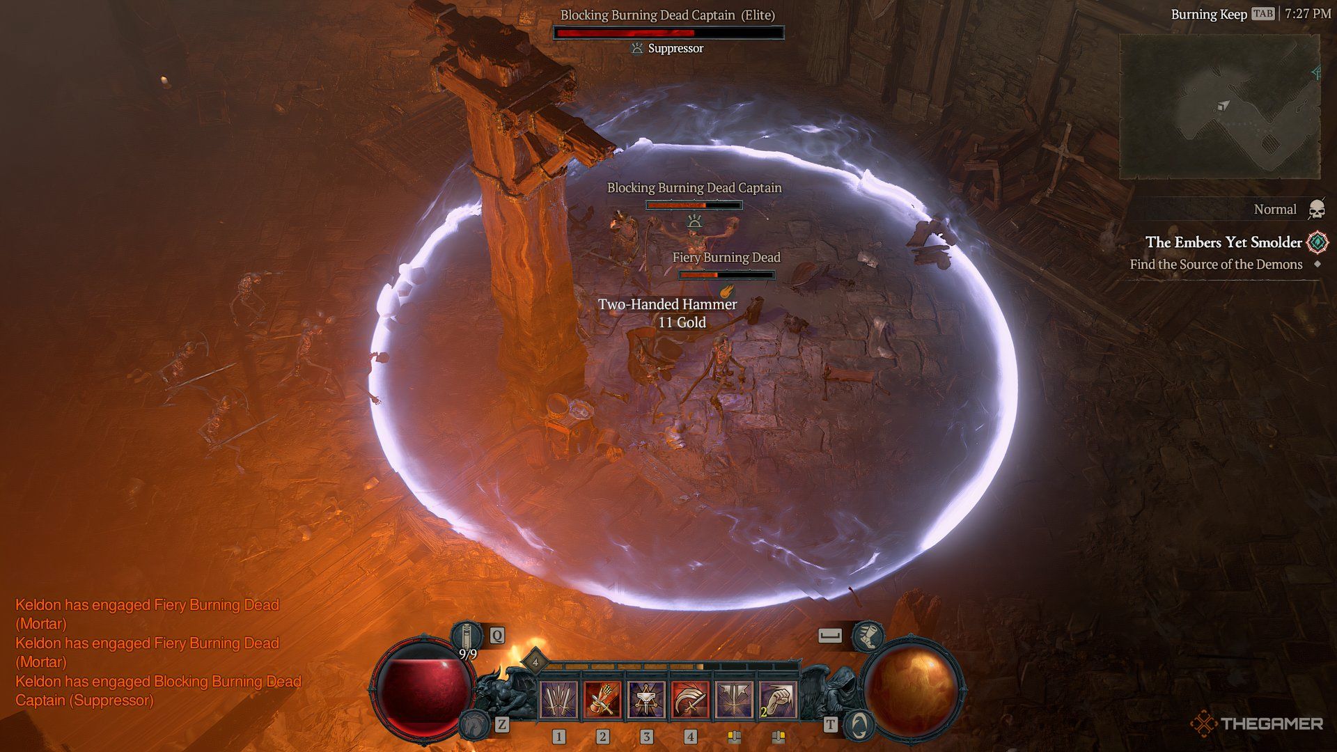 Player in an enemy's area of effect attack with a glowing dome around him in Diablo 4. There are other enemies attacking the player.