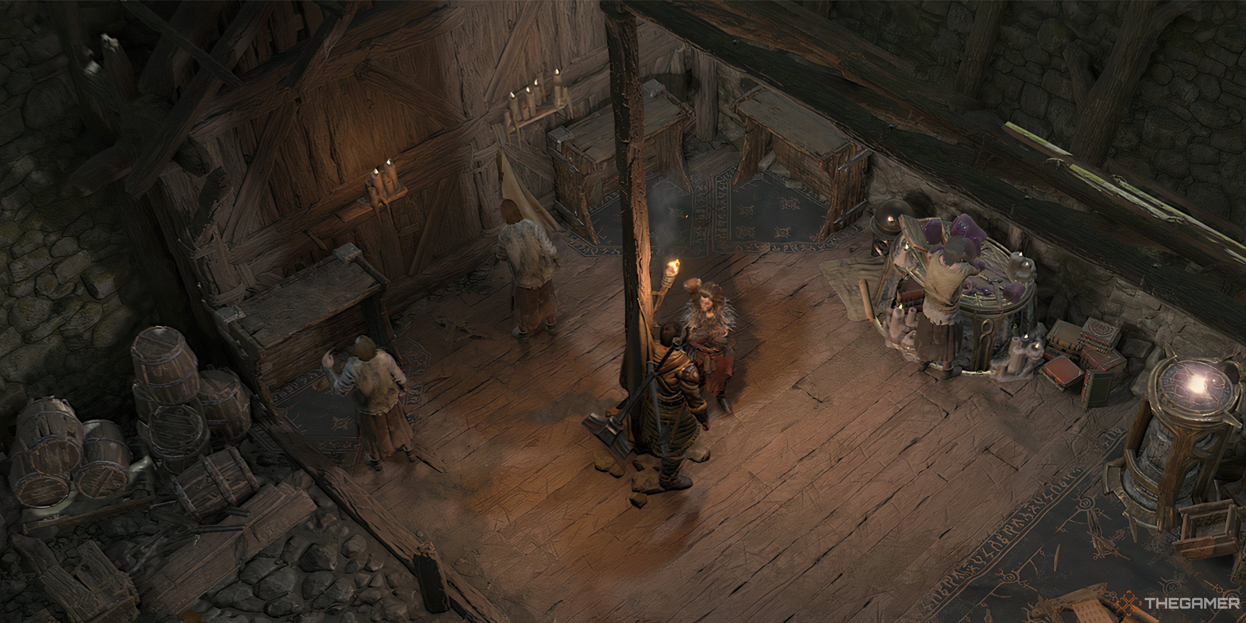 Character and Bryona talking with other NPCs around in the room in Diablo 4.