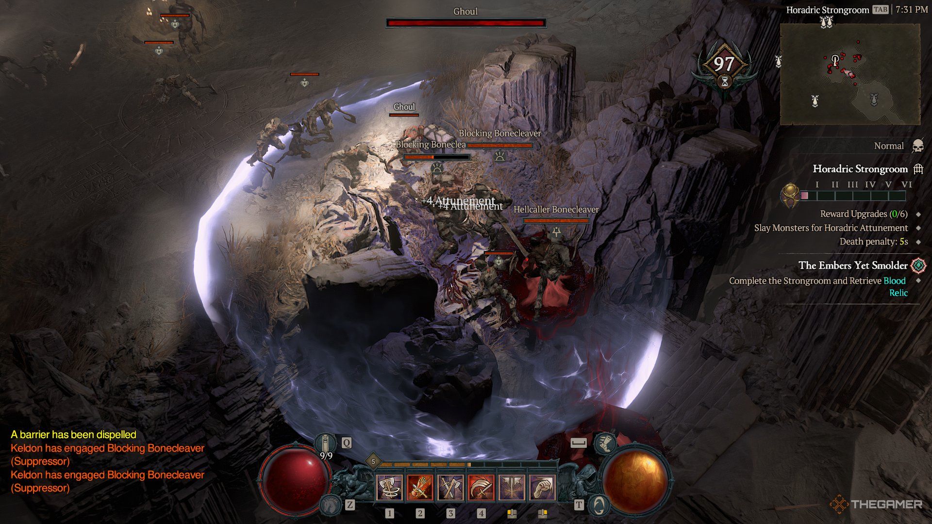 Player in a glowing dome with enemies all around attacking him in Diablo 4. 