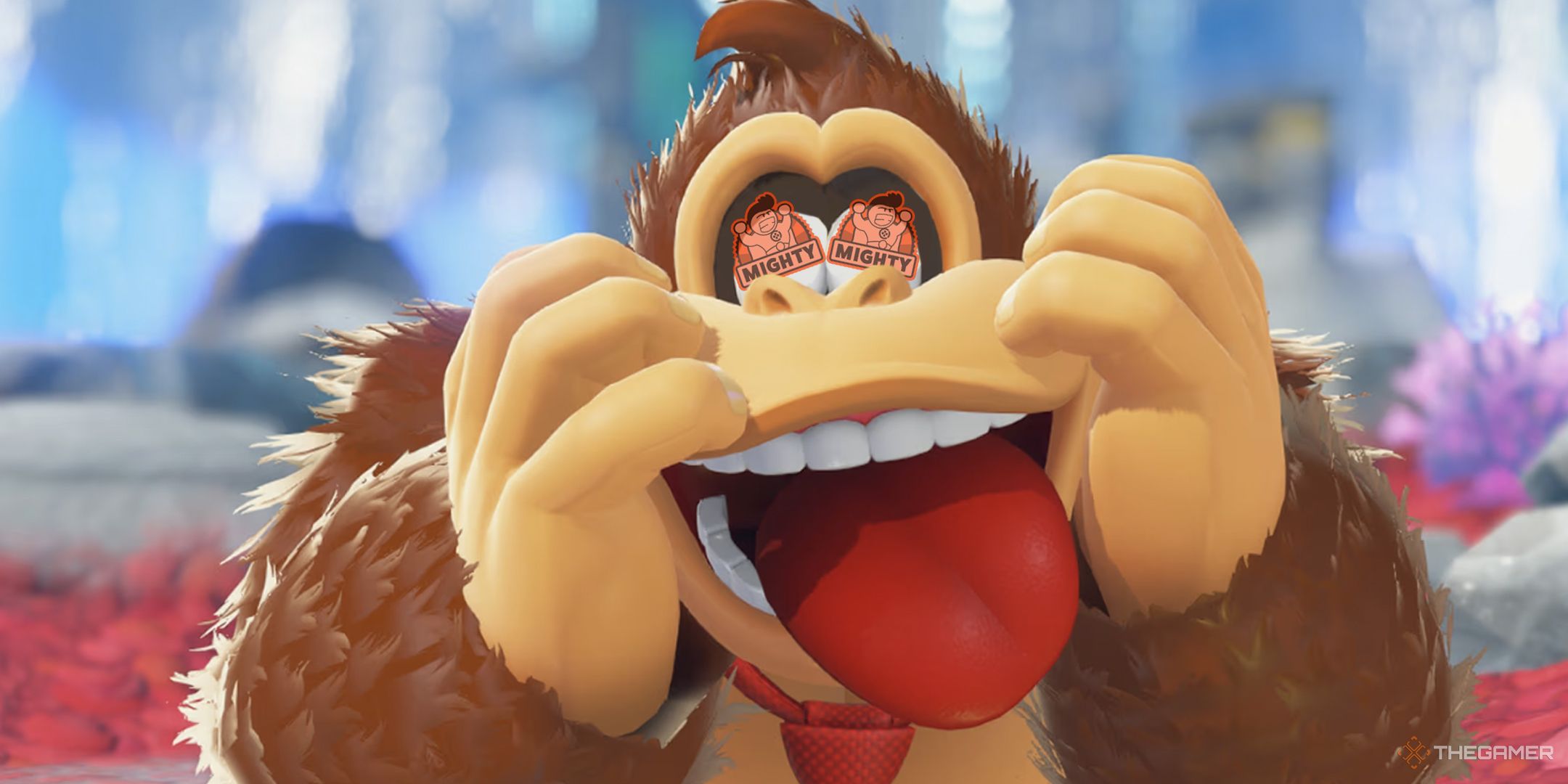 donkey kong with might opencritic logos in his eyes in bananza.