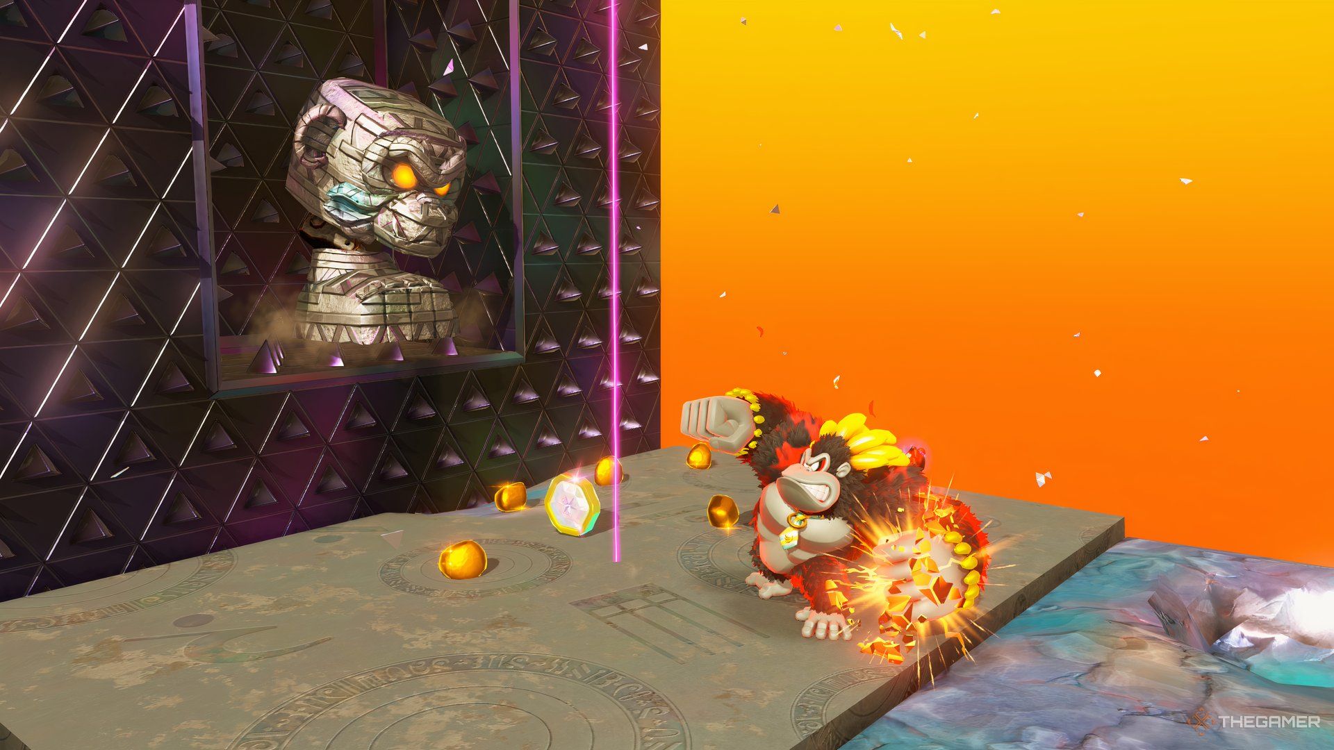Donkey Kong charges a punch with Kong Bananza on the Stompy Ascent challenge course in Donkey Kong Bananza.