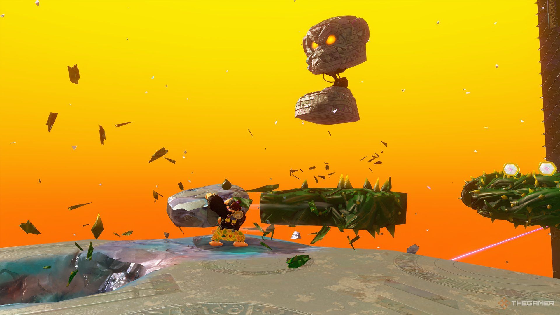 Donkey Kong destroys thorns with a rock on the Stompy Ascent challenge course in Donkey Kong Bananza.