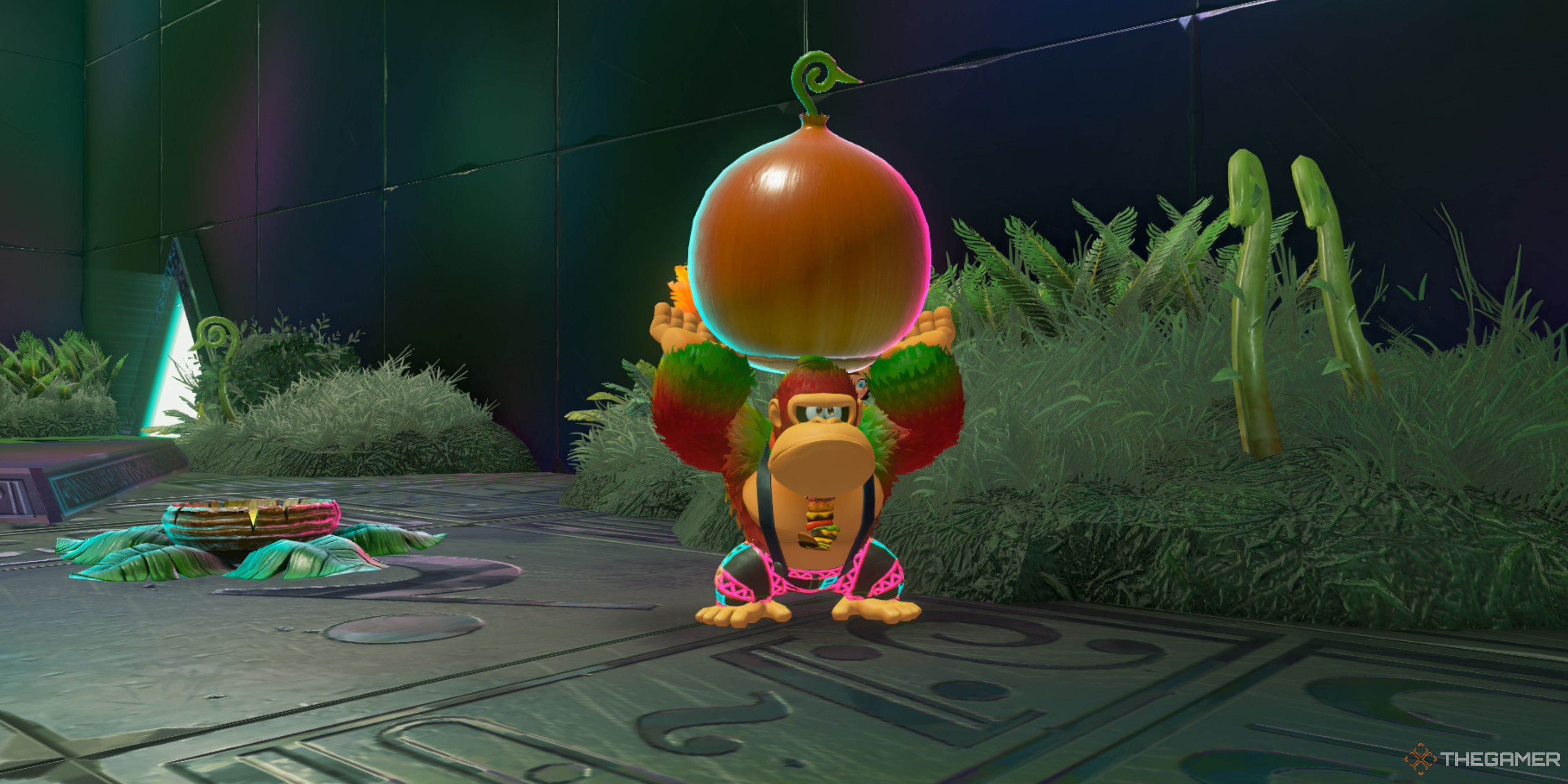 Donkey Kong holding a seed in Pit Seeds in Donkey Kong Bananza