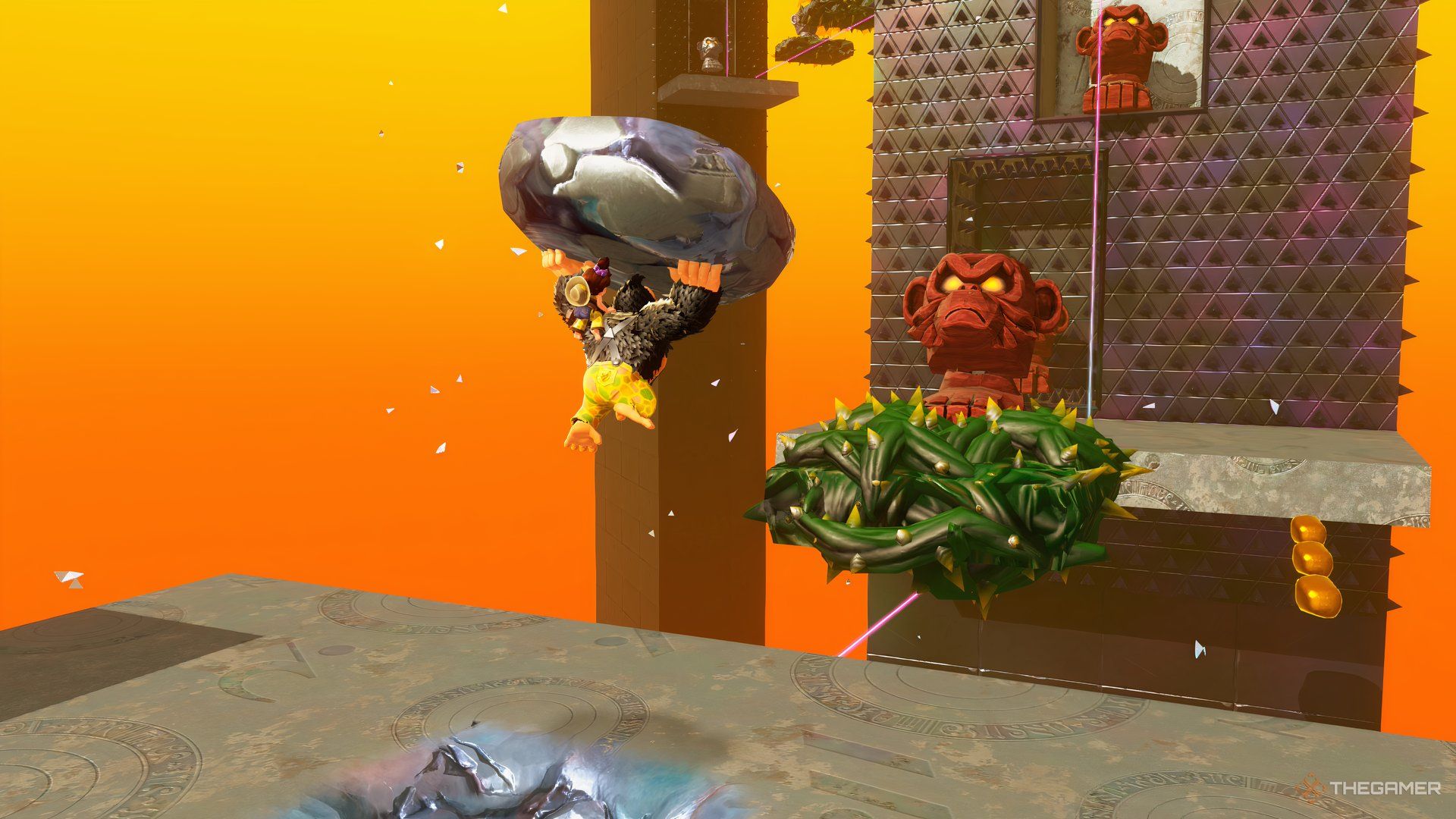 Donkey Kong prepares to throw a rock at an enemy on the Stompy Ascent challenge course in Donkey Kong Bananza.