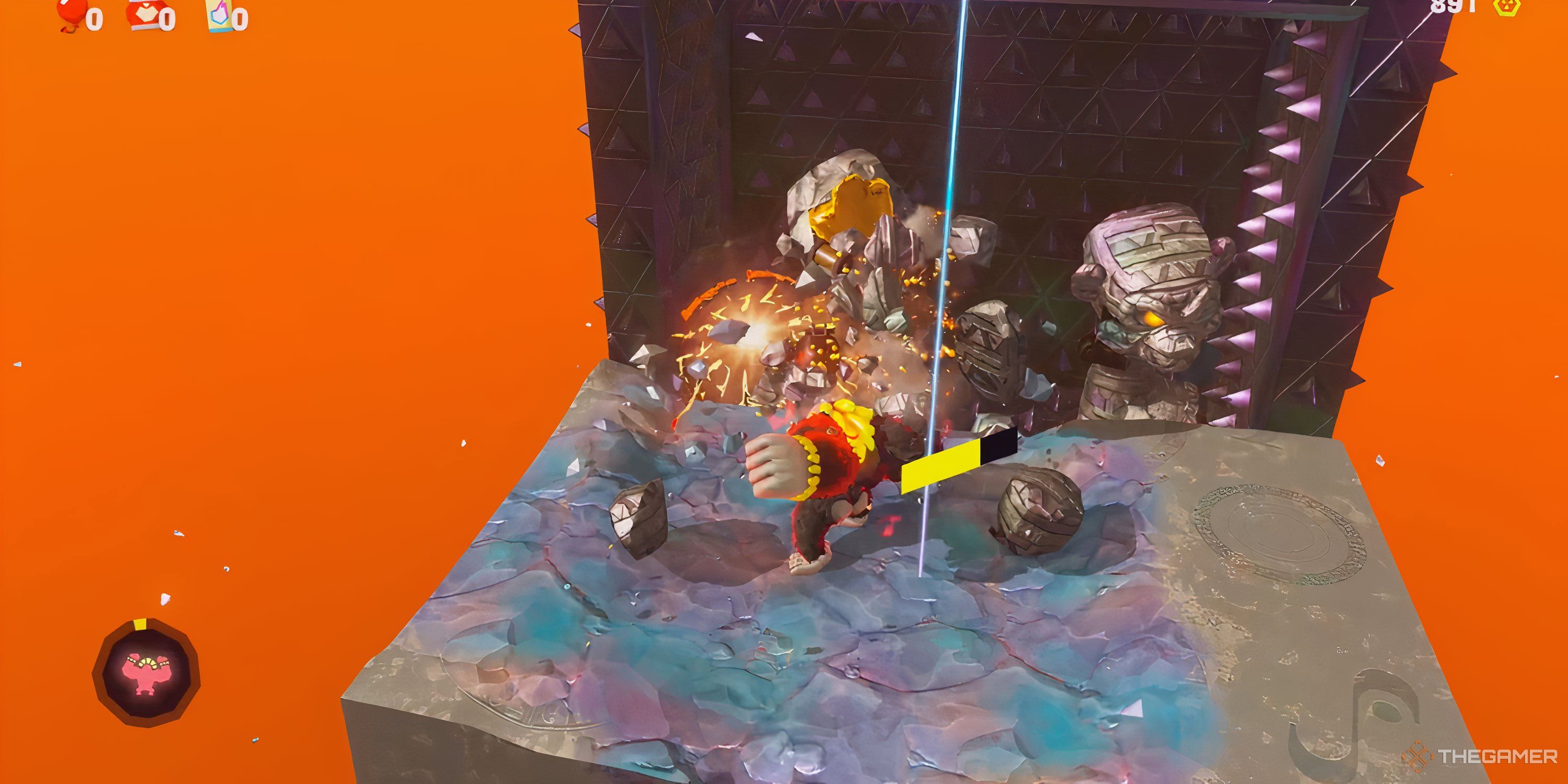 Donkey Kong punches an enemy with Kong Bananza activated  on the Stompy Ascent challenge course in Donkey Kong Bananza.