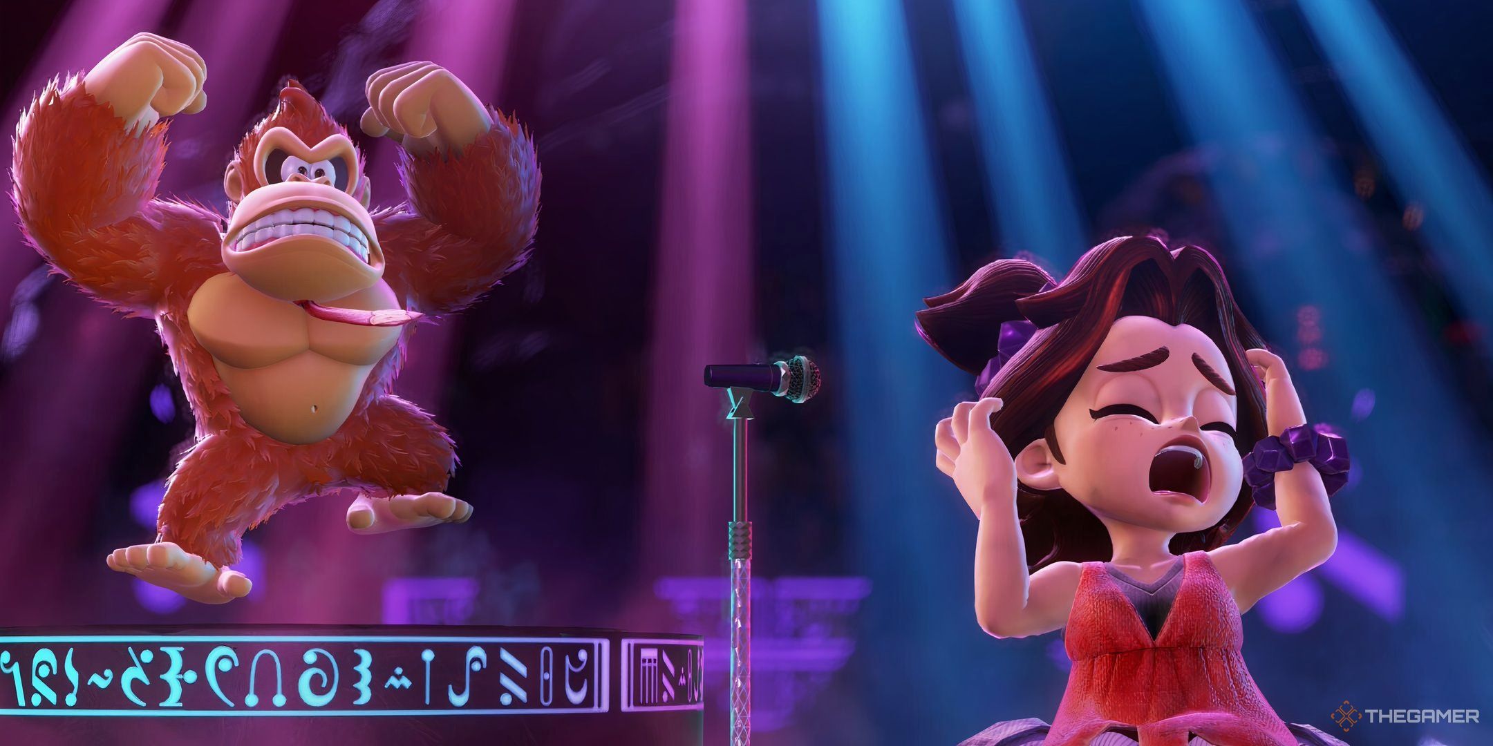 Donkey Kong looking angrily at Pauline as she tries to sing in Donkey Kong Bananza.