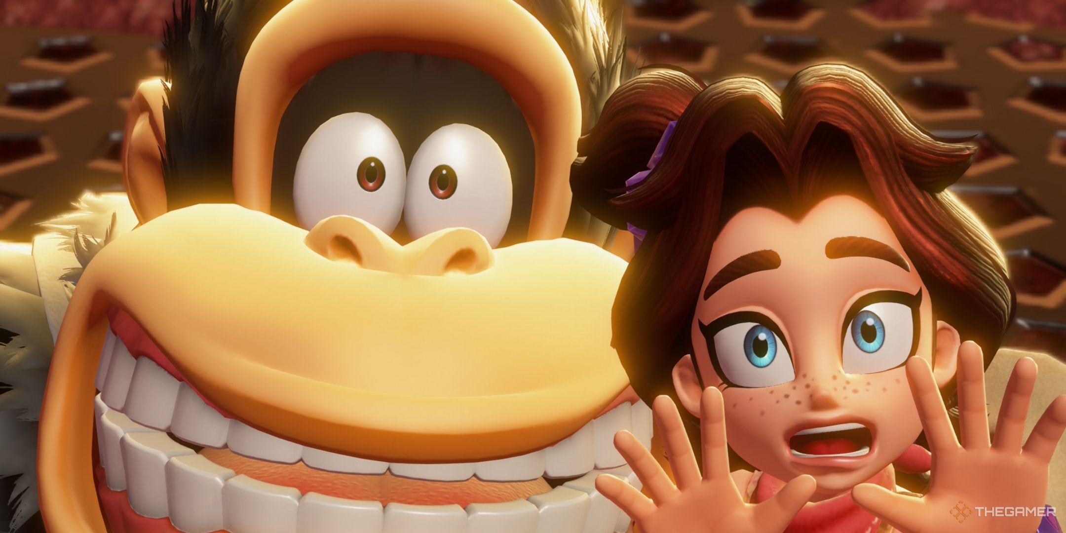 Donkey Kong and Pauline looking shocked in Donkey Kong Bananza.