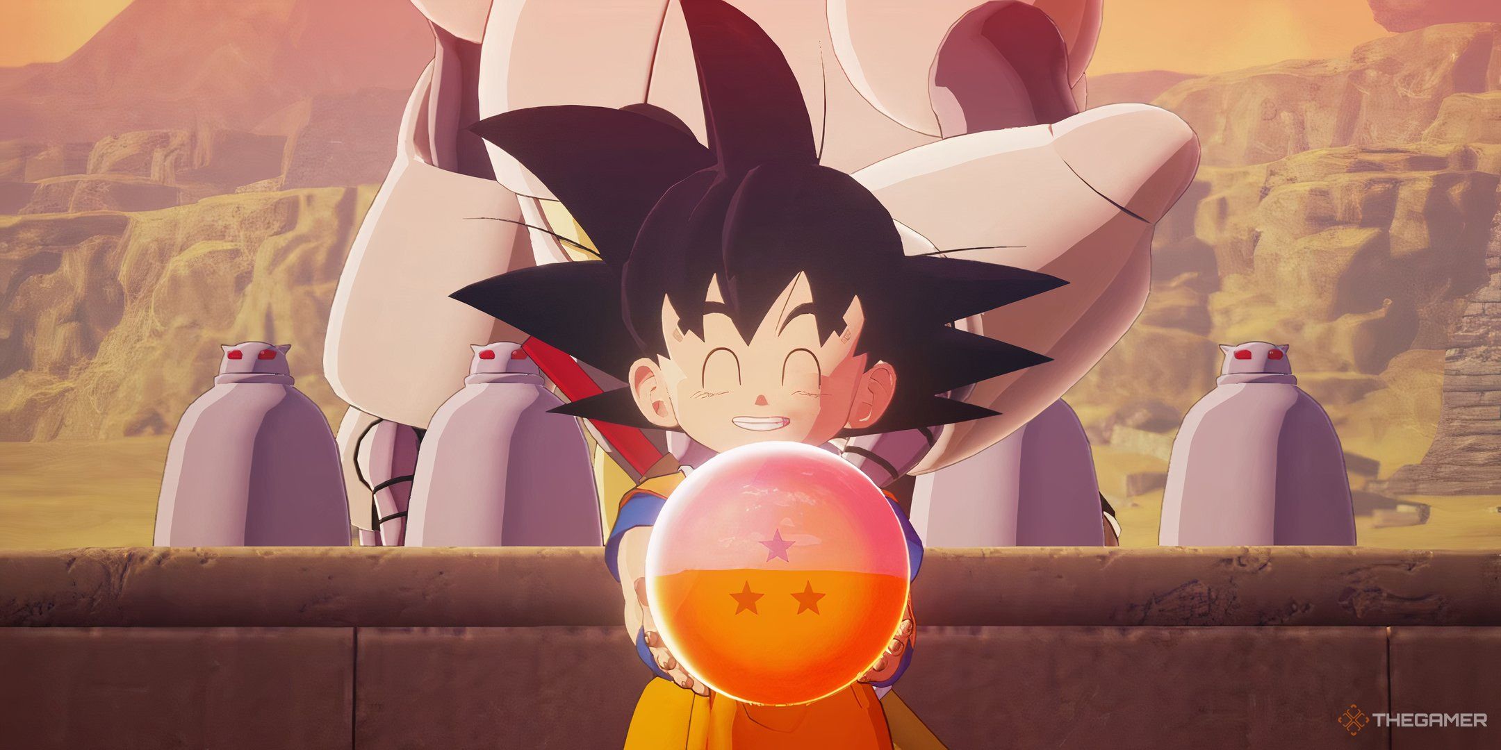 Goku holding the Three-Star Dragon Ball in Dragon Ball Z: Kakarot's Adventure Through the Demon Realm Part 1 DLC.