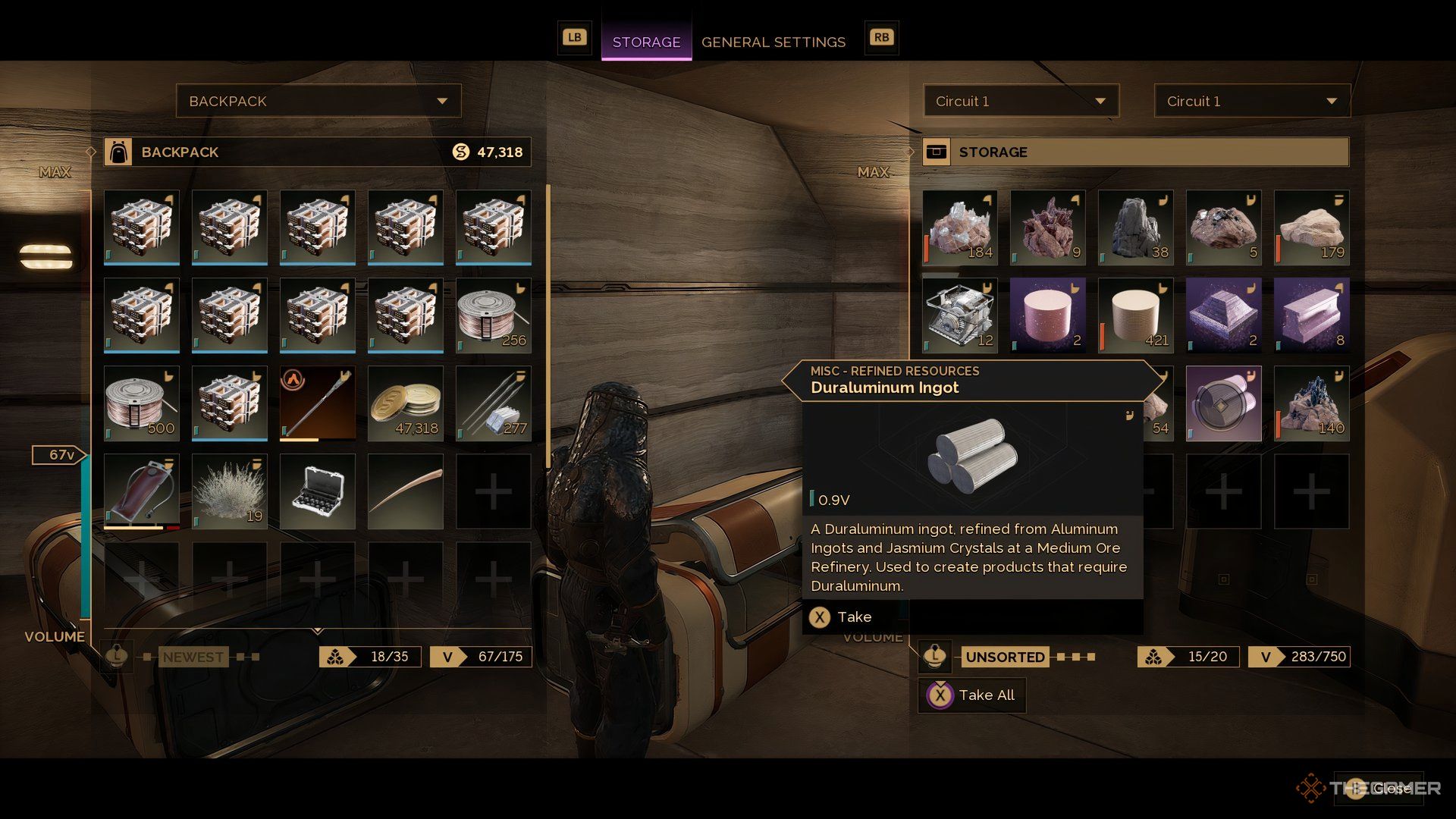 Player at his base in the inventory with the Duraluminum Ingot selected in Dune: Awakening.