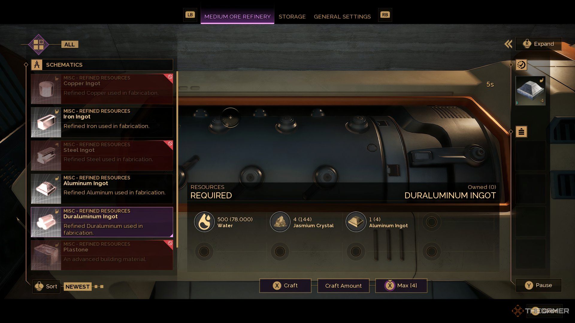 Player at his base interacting with Medium Ore Refinery in Dune: Awakening. The ingridents needed for Duraluminum is highlighted at the bottom.
