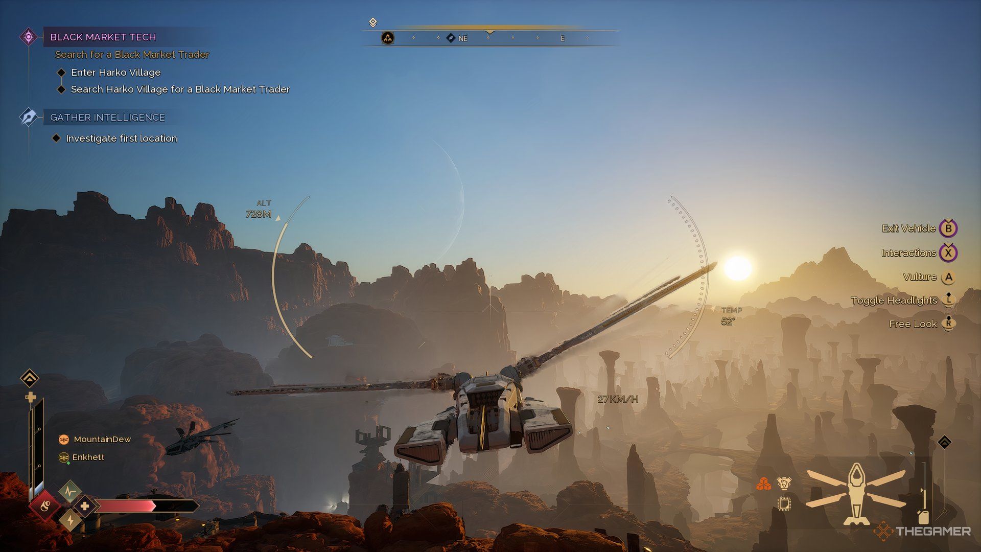 Player flying their Ornithopter in Dune: Awakening. There is a sunset in the distance with rock pillars in front of them. 