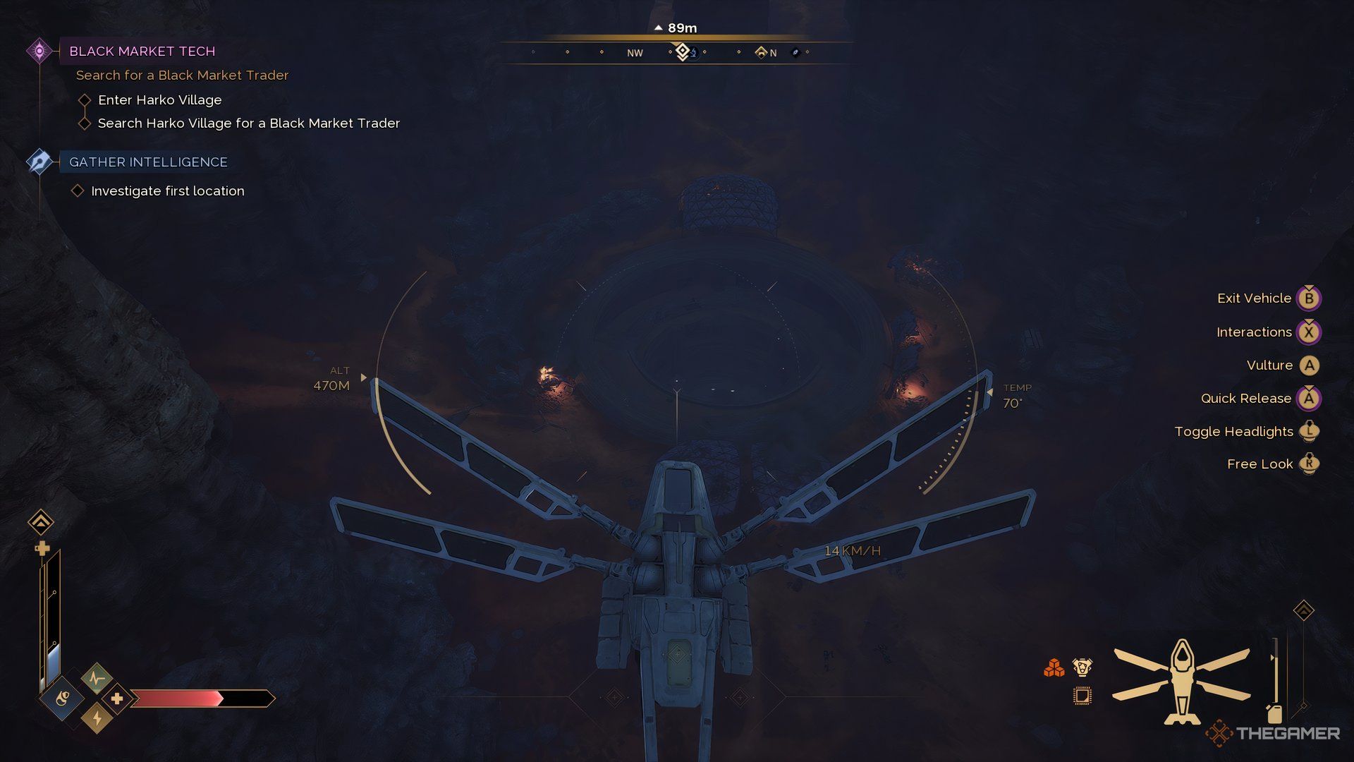 Player in his Ornithopter flying over the Imperial Testing Station's entrance in Dune: Awakening.