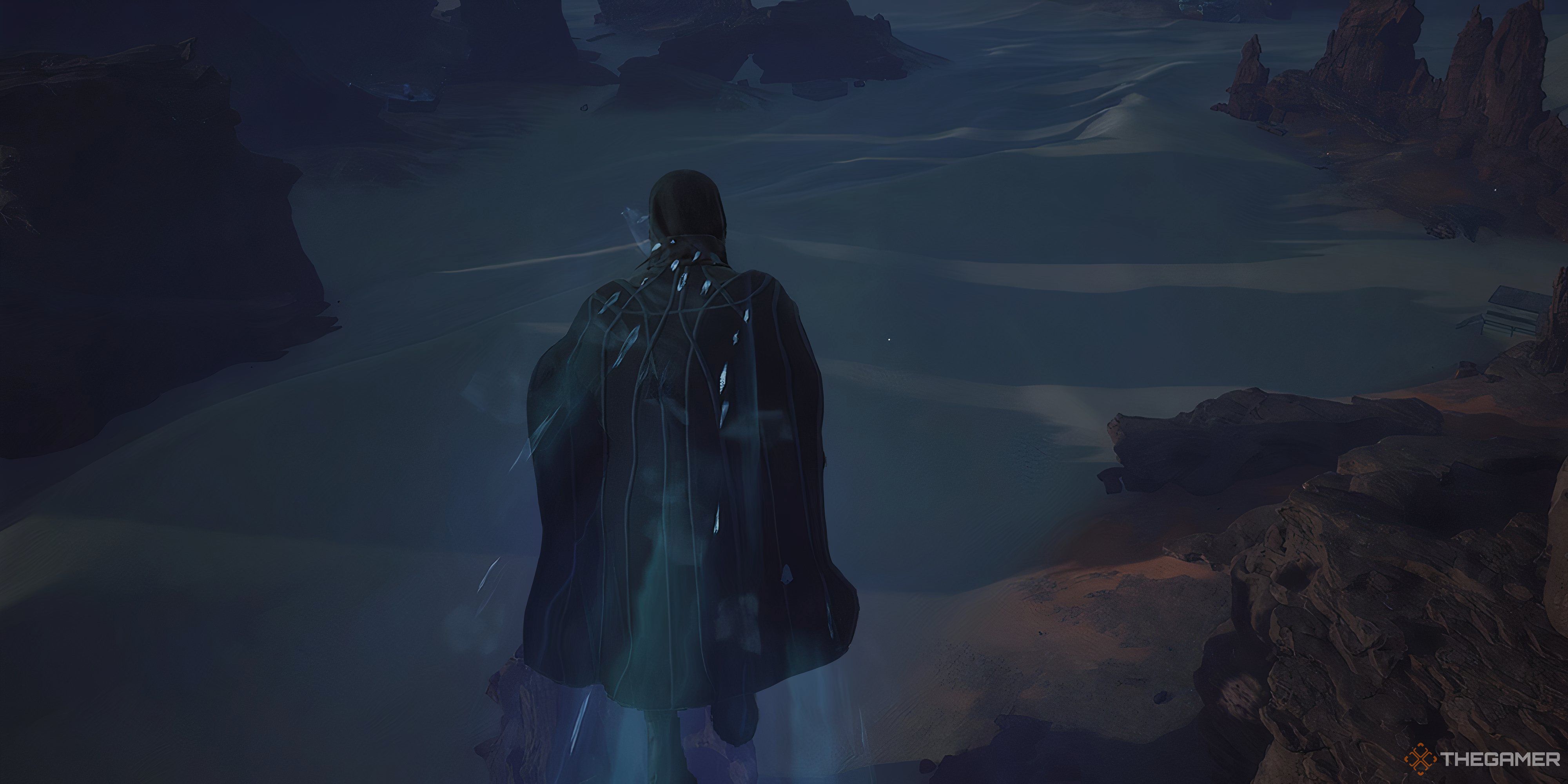 Player in Dune: Awakening using the Mk1 Emperor Wings in mid air. It's night time. 