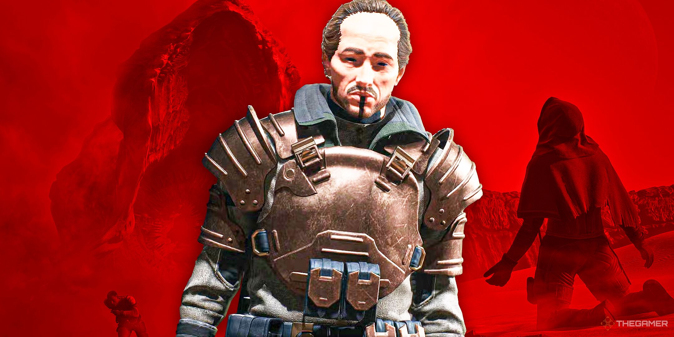 Dune Awakening player standing in front of a giant worm, lit up in red.