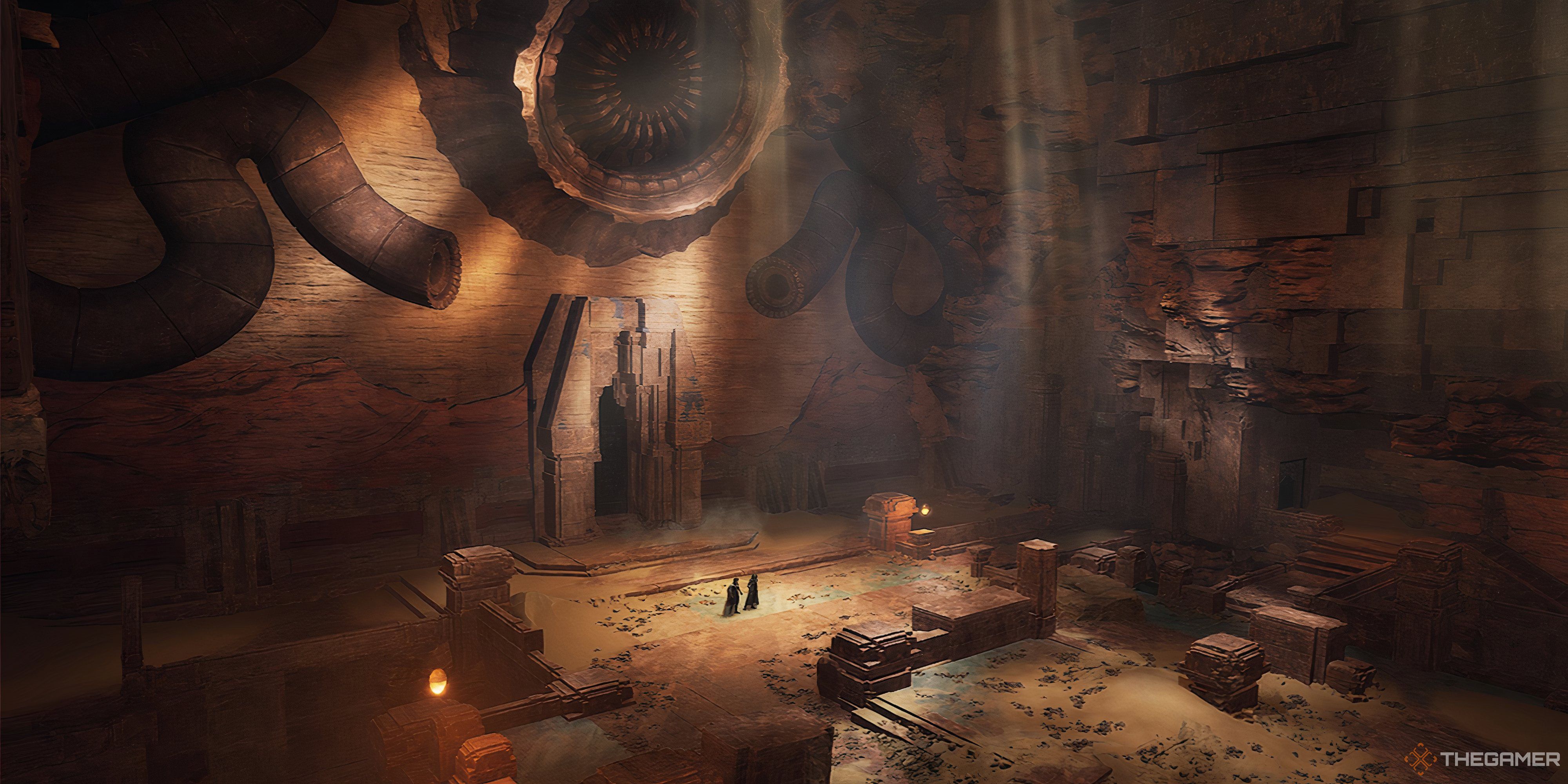 Player and an NPC standing in a large room with a statue of a sandworm on the wall behind over looking them in Dune: Awakening.