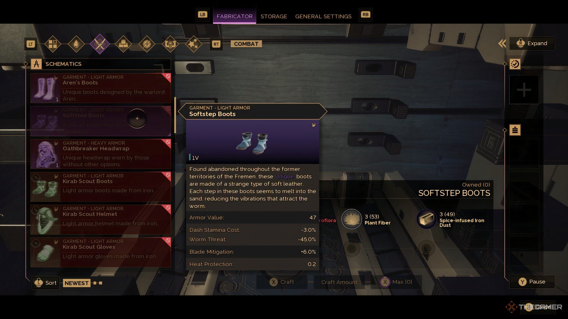 Player interacting with the fabricator with the Softstep Boots selected in Dune: Awakening.