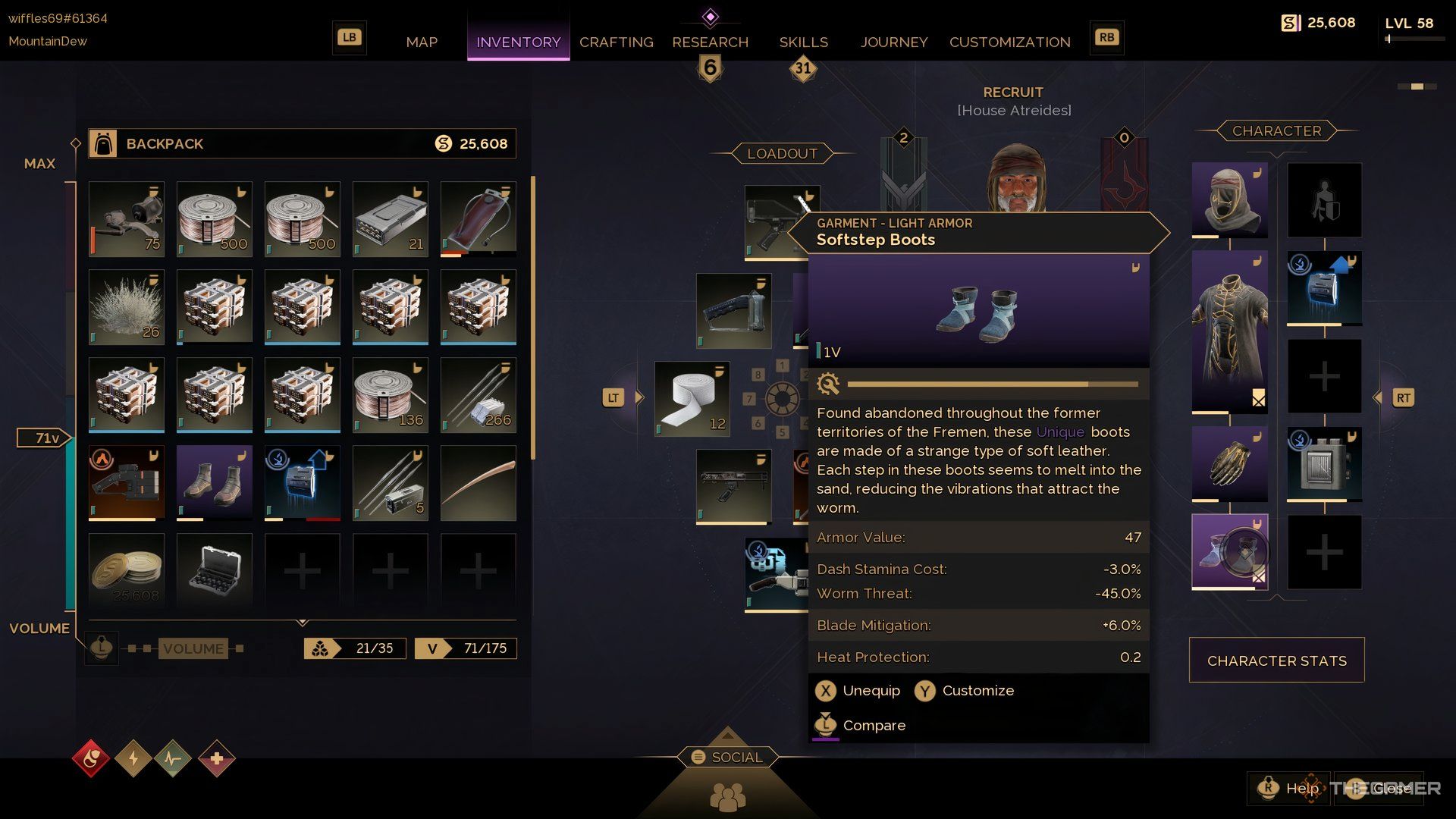 At the player menu showing everything he has on him with the Softstep Boots selected in Dune: Awakening.