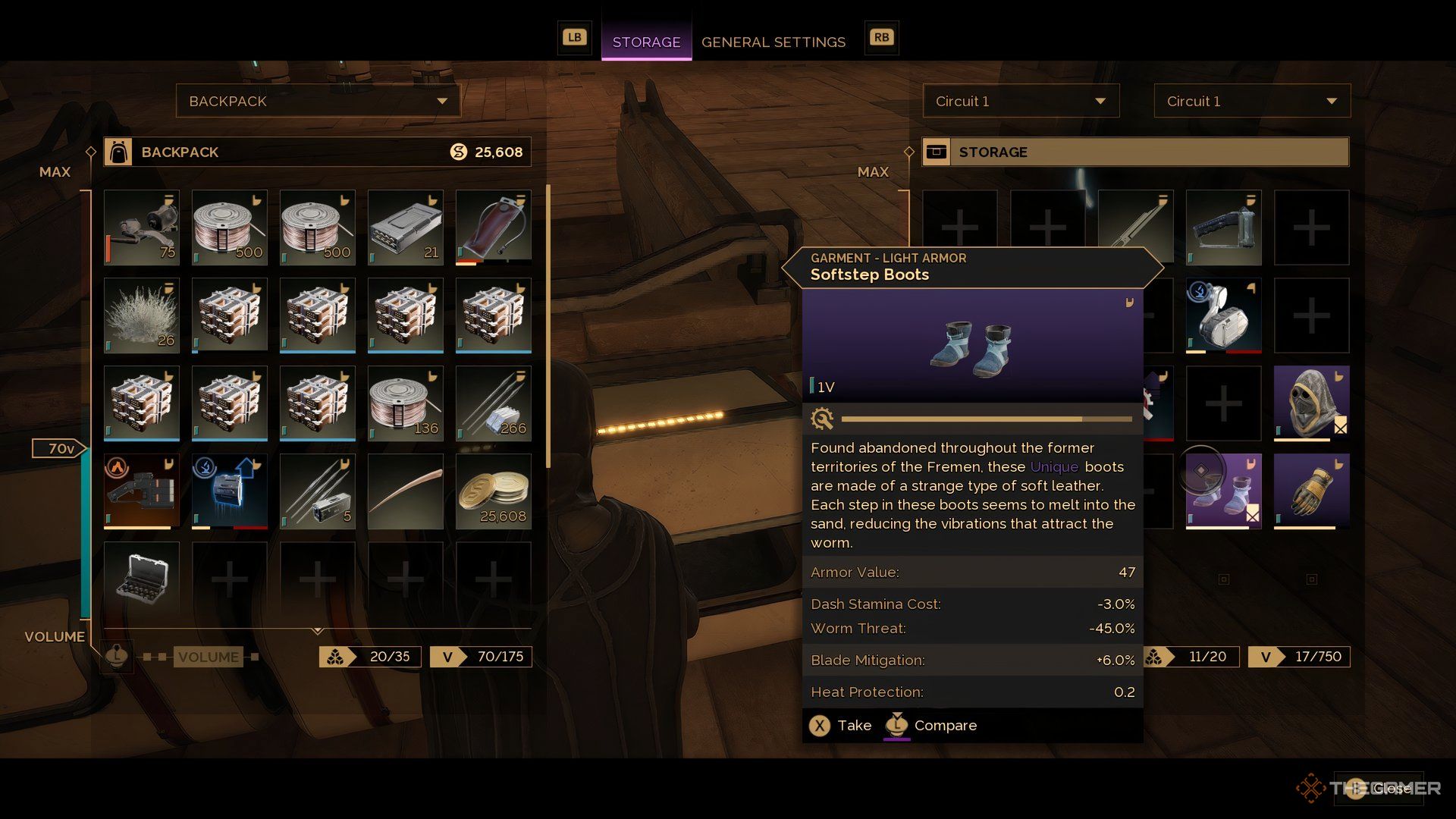Player at his base interacting with a set of Softstep Boots in Dune: Awakening.