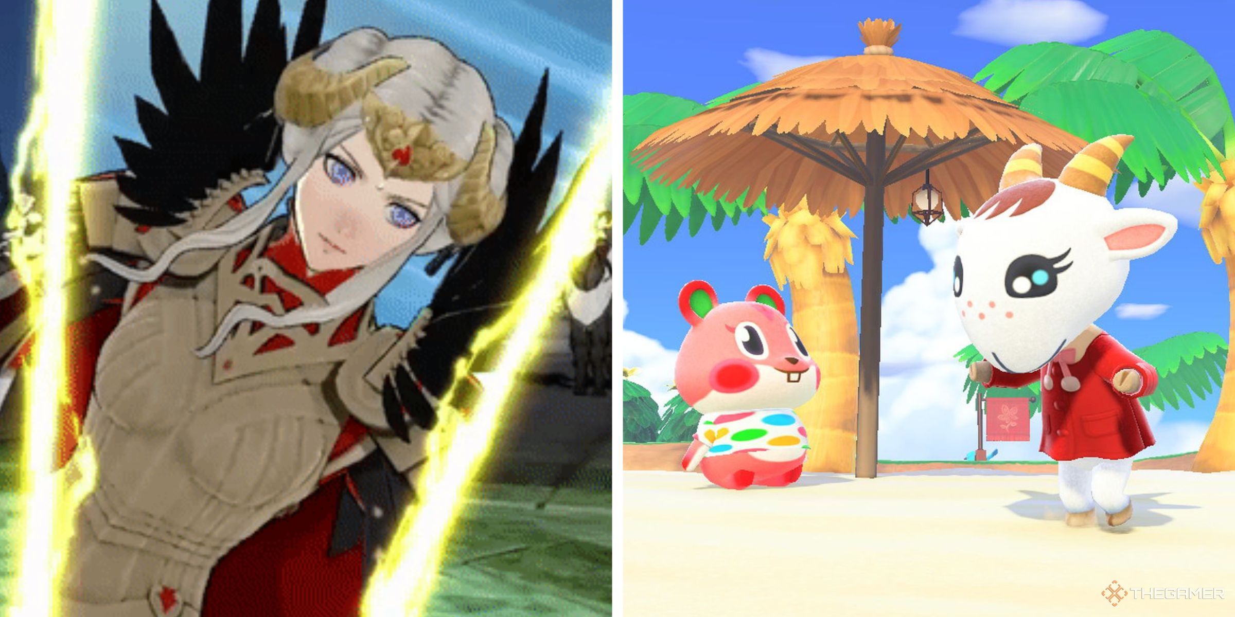 Edelgard landing a critical hit in Fire Emblem: Three Houses and Apple and Chevre on a beach in Animal Crossing: New Horizons.