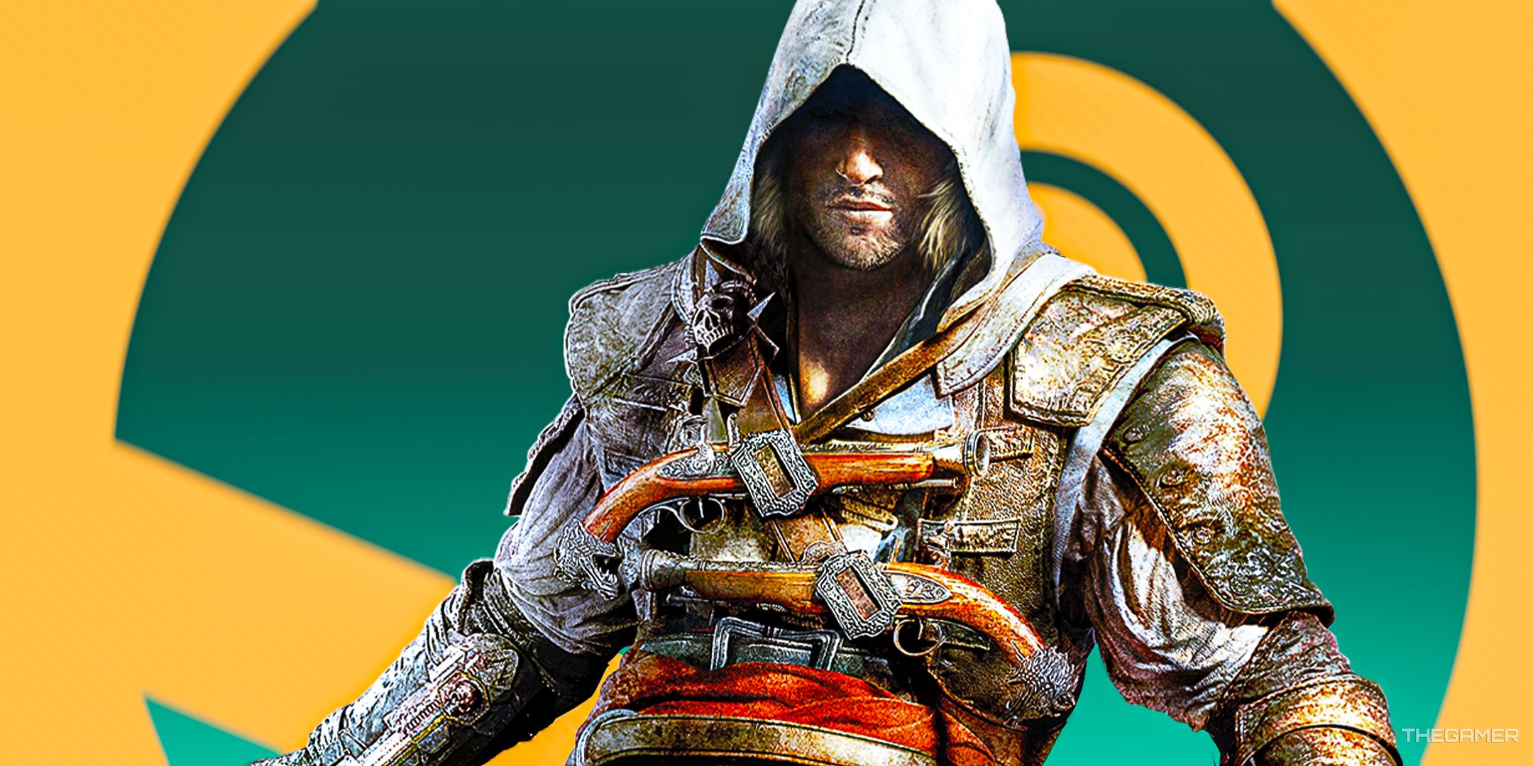 Edward Kenway from Assassins Creed 4 Black Flag over the Steam logo on an orange background.