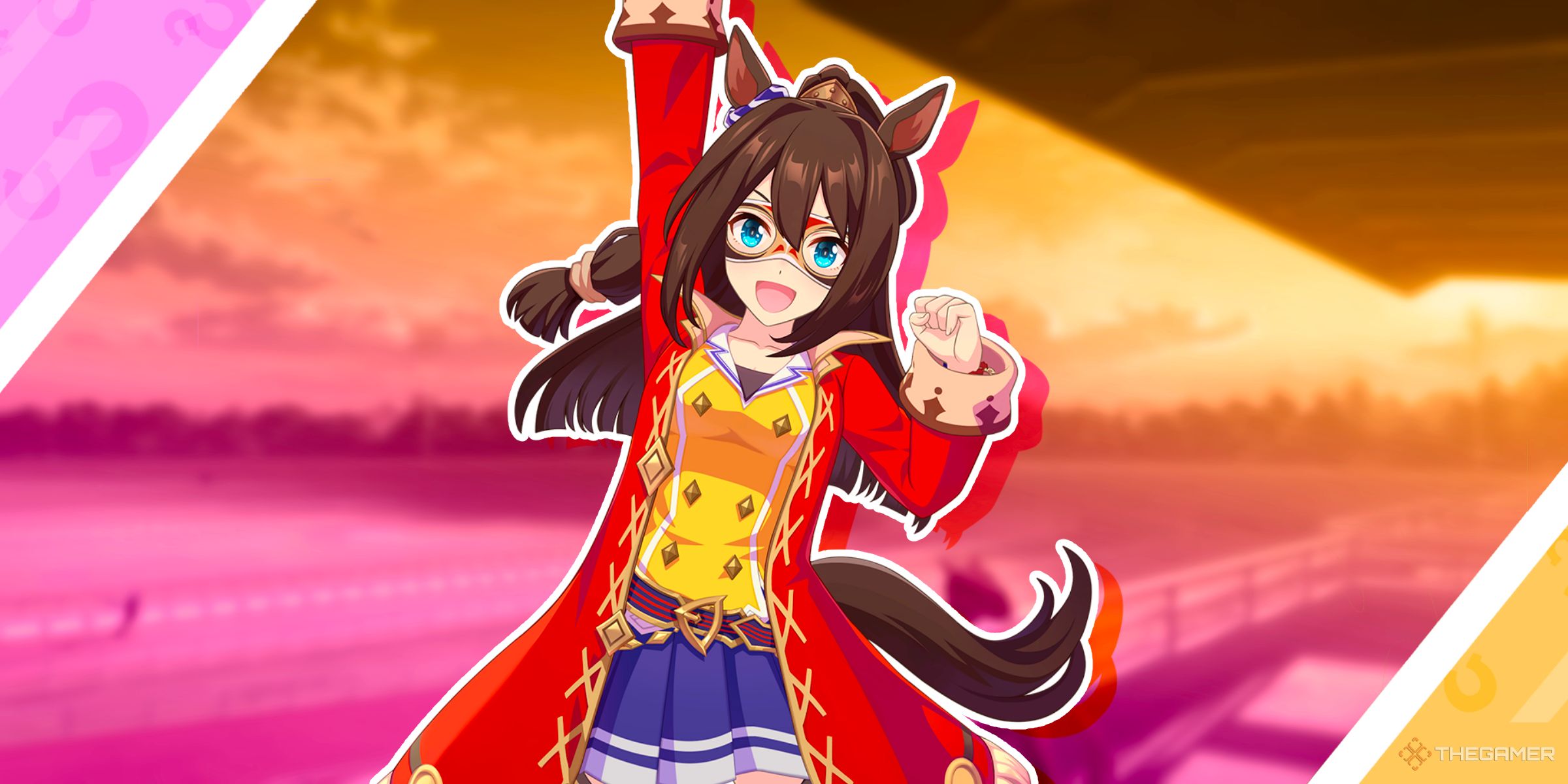 El Condor Pasa in her race outfit in front of a race track from Umamusume: Pretty Derby.